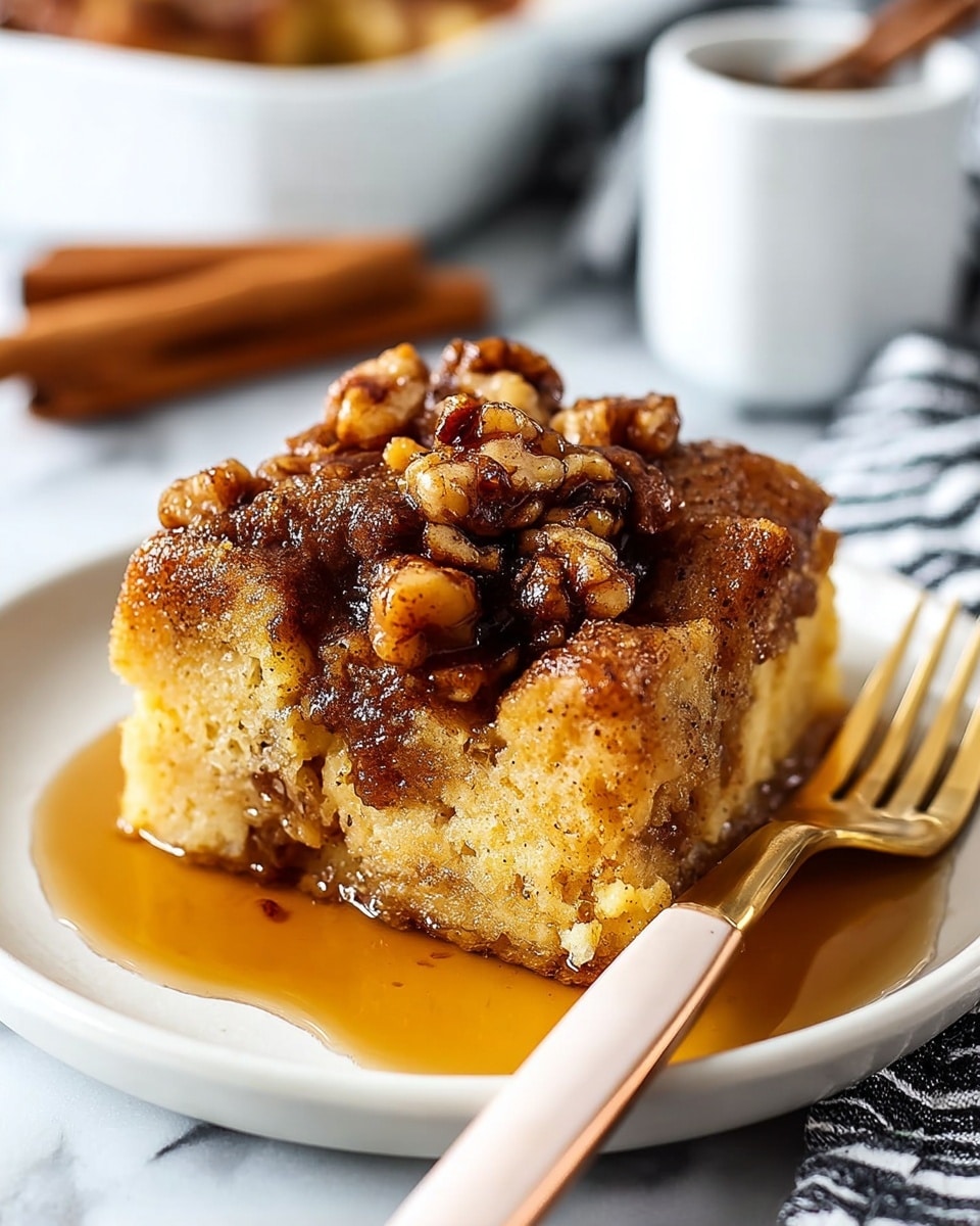 The image shows a thick square slice of bread pudding on a white plate, soaked in light brown syrup that pools around the base. The bread pudding has a soft, golden-yellow interior with a rough, textured surface. On top, a rich, darker brown layer of caramelized cinnamon and nut pieces sits chunky and glossy, giving the dish a sticky, sweet look. To the right side of the plate, a rose gold fork with a cream-colored handle rests partially on the plate. In the blurred background, there is a glimpse of cinnamon sticks and a black and white striped cloth on a white marbled surface. photo taken with an iphone --ar 4:5 --v 7
