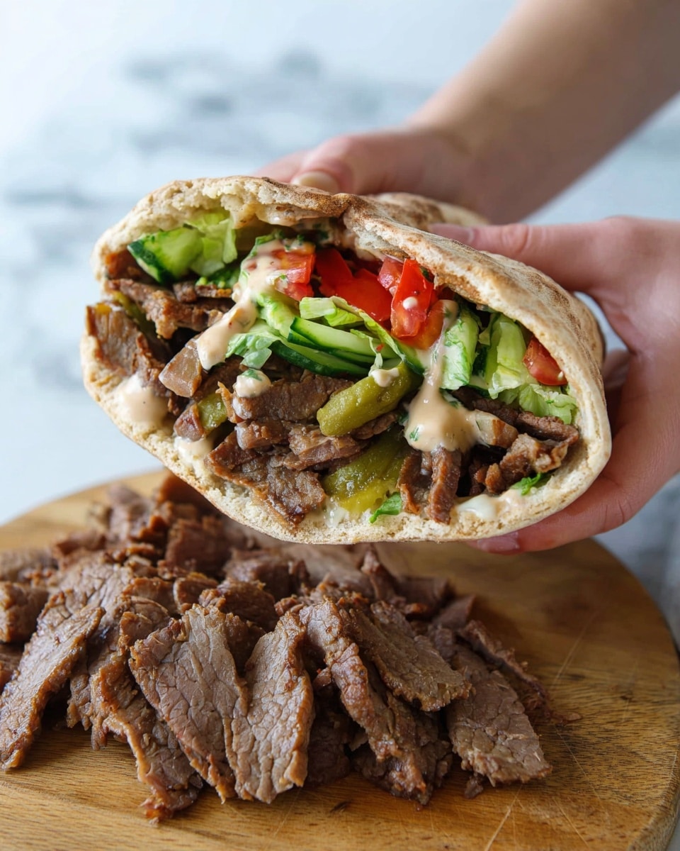 The image shows a close-up of a wrap cut in half and stacked one on top of the other, held by a woman's hand. The wrap has a soft, light beige outer layer with a slightly toasted texture. Inside, there are multiple thin layers of folded brown, cooked meat filling the middle, with visible texture and a cooked grainy look. Above and below the meat layers, there is a creamy white sauce mixed with small green herbs and bits of purple onion, giving a moist appearance. On the top inside layer, fresh, bright green shredded lettuce adds a crisp texture. The background is a white marbled surface that creates a clean, neutral setting. photo taken with an iphone --ar 4:5 --v 7