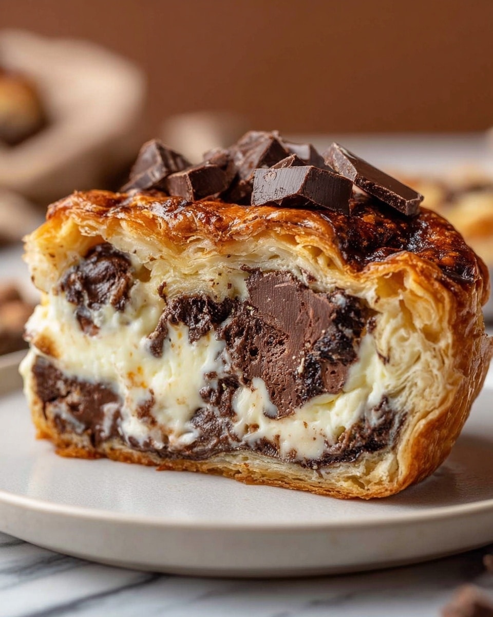 A close-up of a thick slice of chocolate and cream-filled pastry on a white plate. The bottom layer is a golden-brown flaky crust with swirls of dark melted chocolate inside. Above this is a creamy white layer of smooth filling, mixed with large chunks of dark chocolate that look soft and slightly melted. The top layer is a browned, crispy pastry crust with more chunks of dark chocolate sitting on top. The whole slice shows a rich mix of gooey chocolate and creamy textures inside the flaky crust. The background has a soft brown tone with a white marbled surface under the plate. Photo taken with an iphone --ar 4:5 --v 7