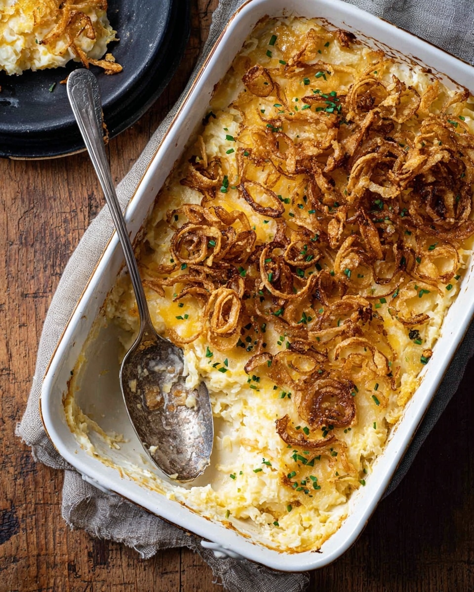 A white rectangular baking dish filled with a creamy, light yellow potato casserole that has a soft, slightly chunky texture. The surface is topped with crispy, golden brown fried onion rings scattered unevenly across the top, adding a crunchy contrast. Some finely chopped green herbs are sprinkled lightly, adding small specks of color. A silver spoon is resting inside the dish, scooping out some of the casserole to show the soft layers beneath the onion topping. The dish is placed on a wooden surface, with a black plate holding a portion of the casserole in the top left corner. photo taken with an iphone --ar 4:5 --v 7