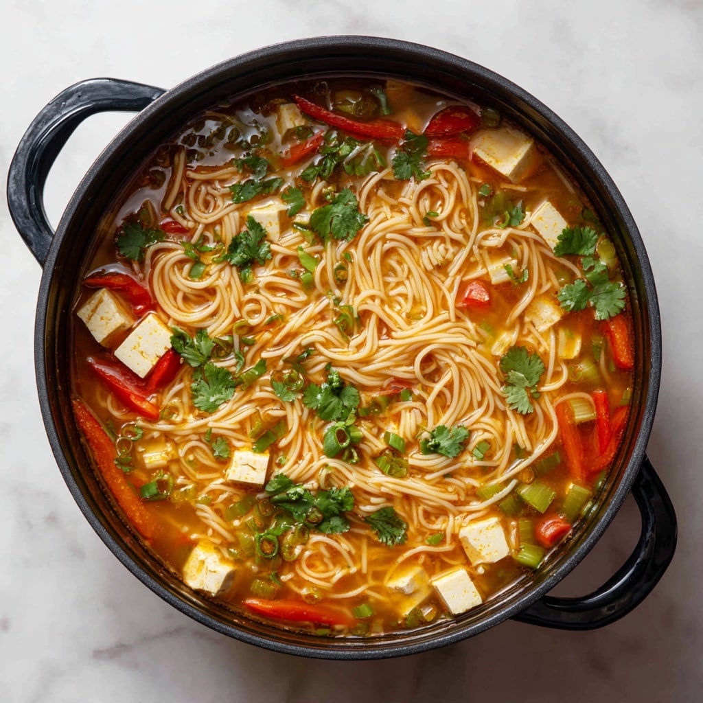 A black pot filled with a rich, orange broth containing thin light tan noodles and several small cubes of pale tofu. Bright red bell pepper slices and light green celery chunks float in the broth, topped with scattered fresh green cilantro leaves that add a fresh touch. The pot is placed on a white marbled surface, showing a mix of soft, smooth textures and vibrant colors in the soup. photo taken with an iphone --ar 4:5 --v 7