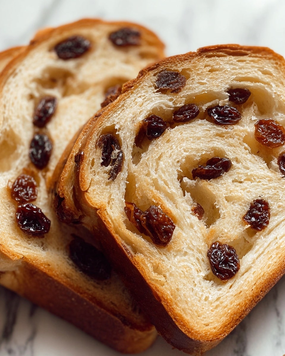 The image shows two slices of raisin bread close-up on a white marbled surface. Each slice has several visible layers of light golden brown dough with a soft texture, interwoven with dark, shiny raisins embedded evenly throughout. The edges of the bread are a slightly darker golden brown, showing a baked crust that is thin and slightly crisp. The raisins appear plump and glossy, contrasting with the airy and soft bread layers around them. Photo taken with an iphone --ar 4:5 --v 7