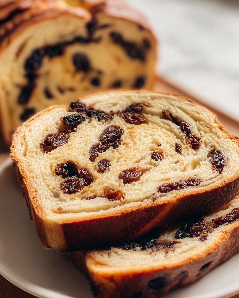 A close-up image of sliced raisin bread arranged on a white plate, placed on a white marbled surface. The loaf shows two visible slices with a golden-brown crust that looks slightly crisp and a light, soft interior. Inside the slices, dark raisins are spread throughout, creating swirls and pockets of rich dark brown, contrasting with the pale yellow crumb. The bread texture appears moist and fluffy with a delicate crumb structure. The background is softly blurred, keeping the focus on the bread's detailed texture and colors. photo taken with an iphone --ar 4:5 --v 7
