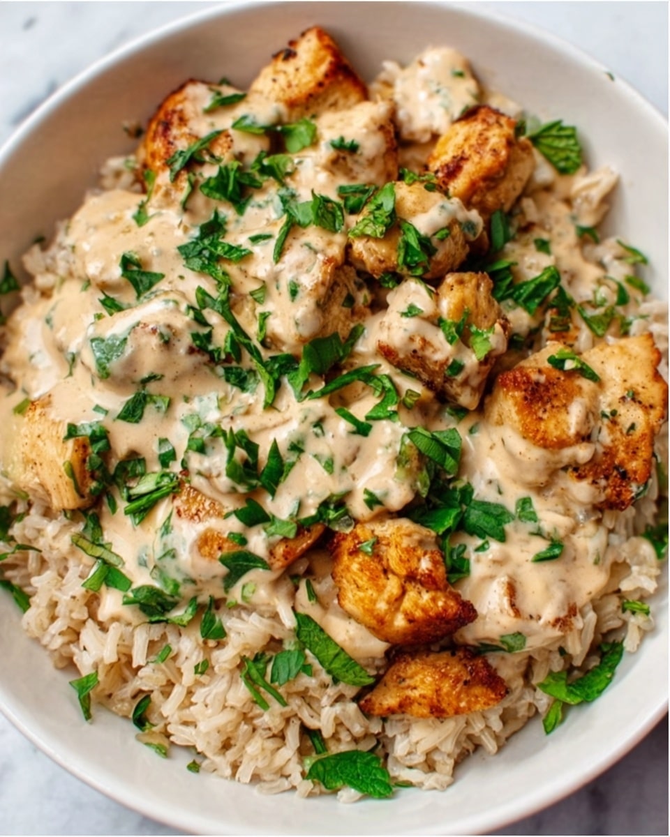 A close-up view of a white bowl filled with a dish that has a base layer of cooked brown rice, rough and grainy in texture. On top of the rice, there are pieces of browned chicken with a crispy outside. The chicken is covered in a creamy light beige sauce with a smooth texture. Scattered over the sauce and chicken, there are fresh green leafy herbs, roughly chopped, adding a pop of bright color. The bowl sits on a white marbled surface. Photo taken with an iphone --ar 4:5 --v 7