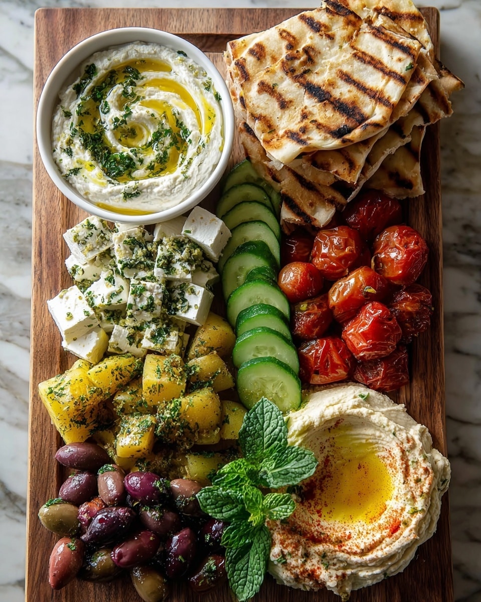 A wooden board with a colorful Mediterranean spread. On the top left, a white bowl holds creamy white dip swirled with green herbs and golden oil. To its right, there are bright red roasted cherry tomatoes. Next to the tomatoes, stacked pieces of grilled flatbread, golden brown with char marks, rest on the top right corner. Below the bowl, a layer of cubed white feta cheese sprinkled with herbs sits on top of roasted yellow potatoes. Below that, a mix of dark purple, brown, and reddish olives forms a dense pile. In the center, sliced light green cucumbers with a dusting of herbs form a semicircle under fresh green mint leaves. On the right, a thick layer of white creamy cheese with herbs covers a yellow base, likely roasted pepper or eggplant. In the bottom right corner, a round mound of smooth hummus is decorated with golden oil, green herbs, and a sprinkle of paprika. The whole scene is set against a white marbled background. photo taken with an iphone --ar 4:5 --v 7