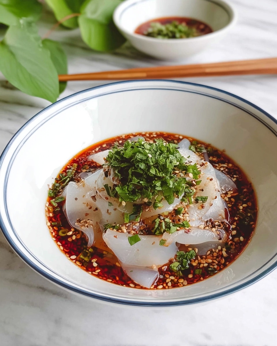 The dish shows wide, translucent white rice noodle sheets folded and placed in a white bowl with a thin blue rim. The noodles are partially covered by a dark reddish-brown sauce mixed with sesame seeds and chopped green herbs, giving a textured look around the edges of the noodles. On top of the noodle layer is a generous sprinkle of fresh, green chopped cilantro. In the background, another white bowl with similar noodles and green herbs is partially visible, along with wooden chopsticks resting across the edge of the main bowl, all set on a white marbled surface beside a small green plant. photo taken with an iphone --ar 4:5 --v 7