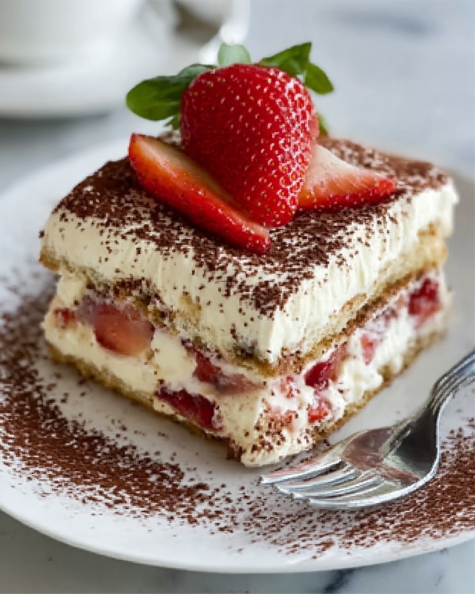 A slice of layered strawberry cake is shown on a white plate with a thin brown rim, placed on a white marbled surface. The cake has three layers: the bottom layer is a dense, light brown sponge base, followed by a thick layer of white cream mixed with whole sliced strawberries visible in the middle. On top of this is another layer of white cream, dusted lightly with cocoa powder or chocolate shavings. The top of the cake is decorated with fresh whole strawberries, one cut in half showing its bright red inside, and a few blueberries near the base on the plate. The cream looks soft and fluffy, and the strawberries are bright red and fresh. Photo taken with an iphone --ar 4:5 --v 7