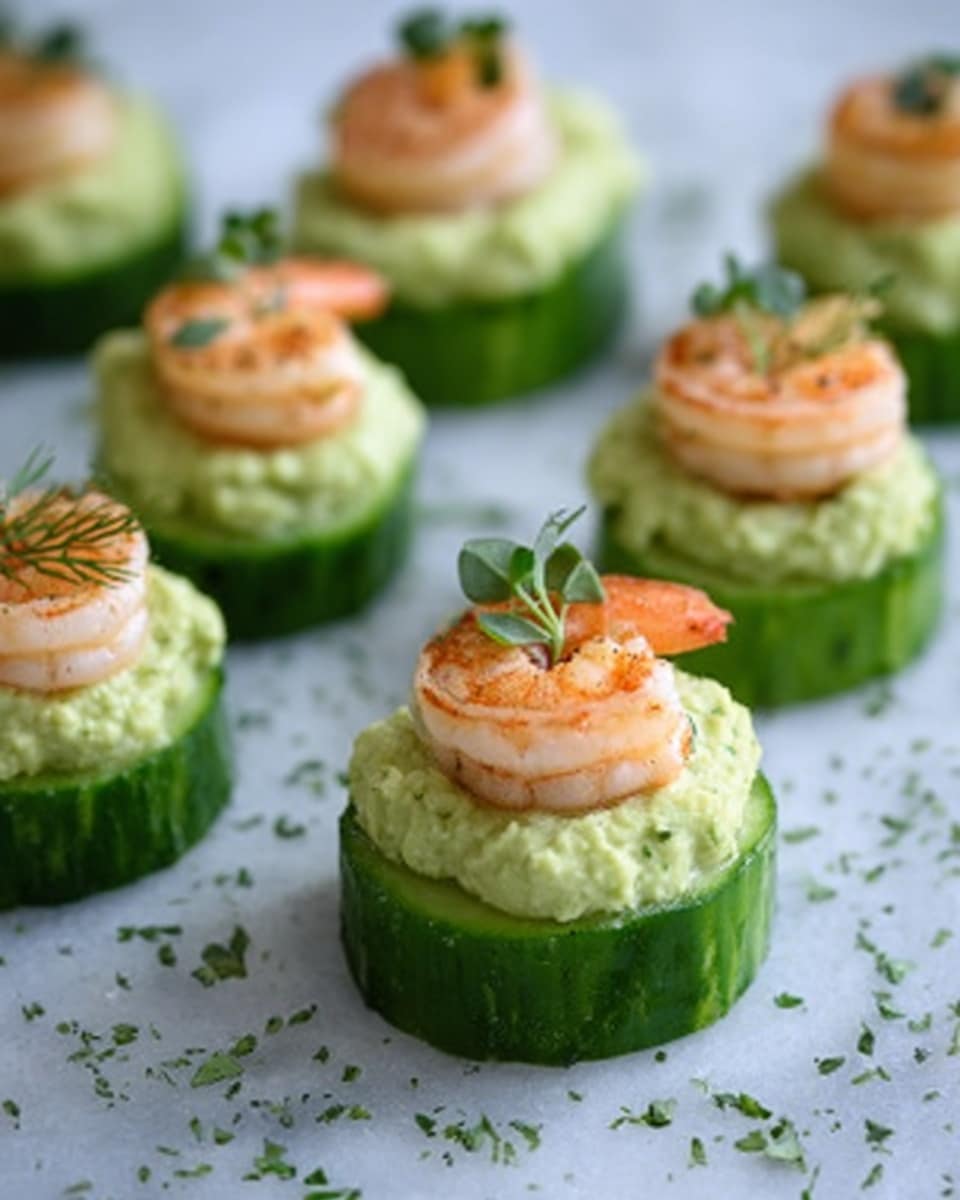 The image shows several bite-sized cucumber rounds topped with two layers: the bottom layer is creamy, pale green avocado spread with a smooth, slightly chunky texture, and the top layer is a small cooked shrimp with a light orange color, placed neatly on each cucumber slice. Each shrimp is garnished with a tiny sprig of fresh green herb, likely parsley or dill. The cucumbers have a fresh, bright green color with visible seeds in the center. The background is a white marbled surface sprinkled lightly with green herbs. photo taken with an iphone --ar 4:5 --v 7