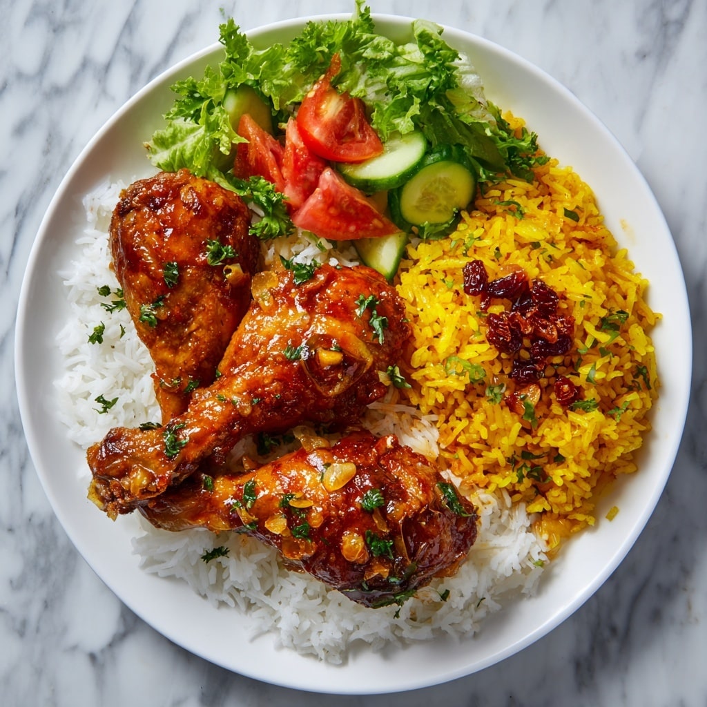 A white plate on a white marbled surface holds a bed of white rice as the bottom layer, topped with two shiny brown cooked chicken pieces covered in a thick brown sauce with visible bits of spices and onions. Behind the chicken, there is a layer of yellow and red spiced rice mixed with red pomegranate seeds adding color. In the top left corner of the plate, a few pieces of green spinach and pink tomatoes add fresh color. A spoon above the plate pours more sauce over the chicken, the spoon showing the golden-brown sauce dripping. photo taken with an iphone --ar 4:5 --v 7