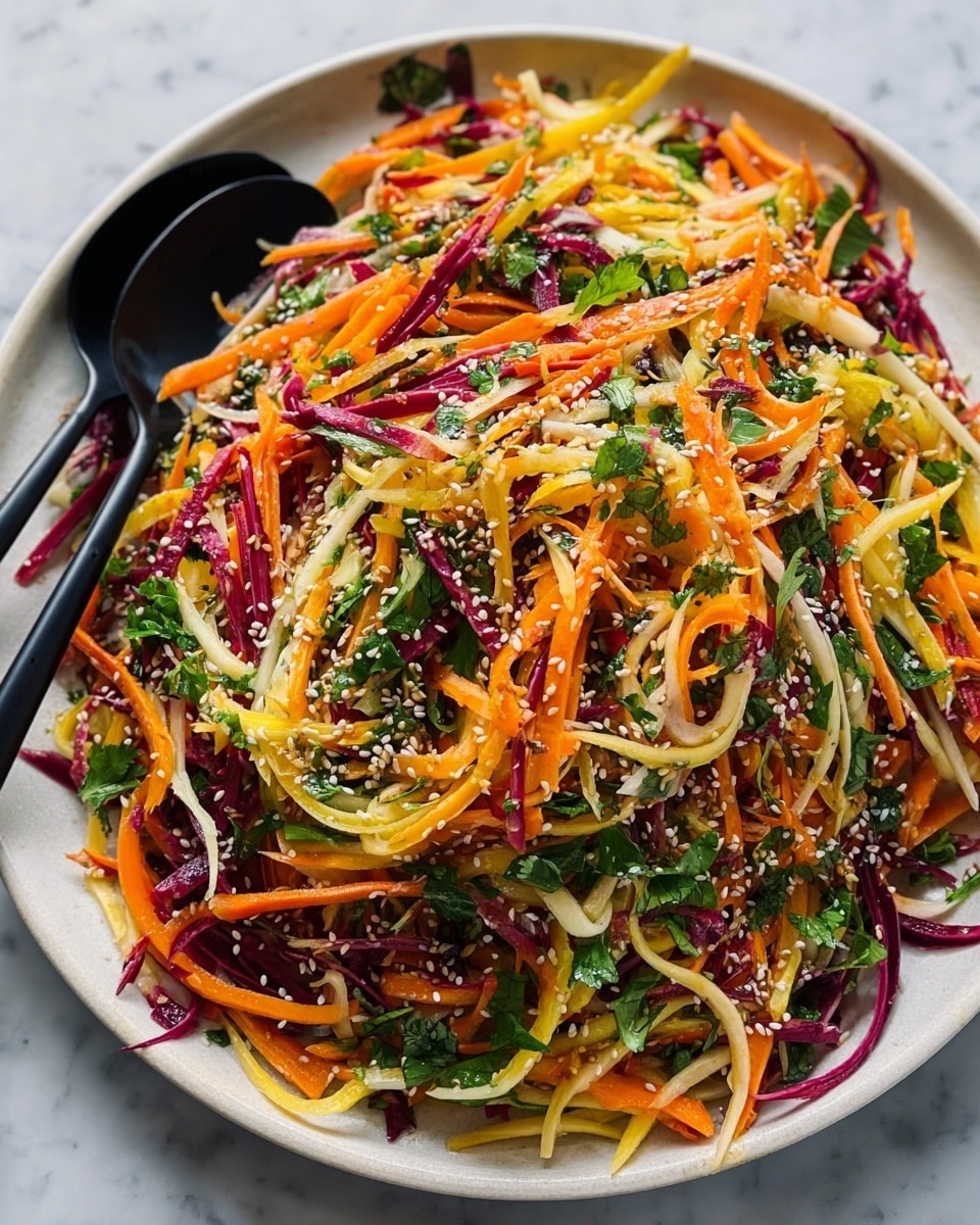 A large white plate holds a colorful salad made of thin strips of orange, purple, yellow, and white vegetables, likely carrots and other root vegetables, mixed with chopped fresh green herbs scattered throughout. The salad is topped with a sprinkle of white sesame seeds that add texture. In the background on the plate, a black fork and spoon rest next to the salad. The plate sits on a white marbled surface that contrasts softly with the vibrant colors of the fresh salad. Photo taken with an iphone --ar 4:5 --v 7