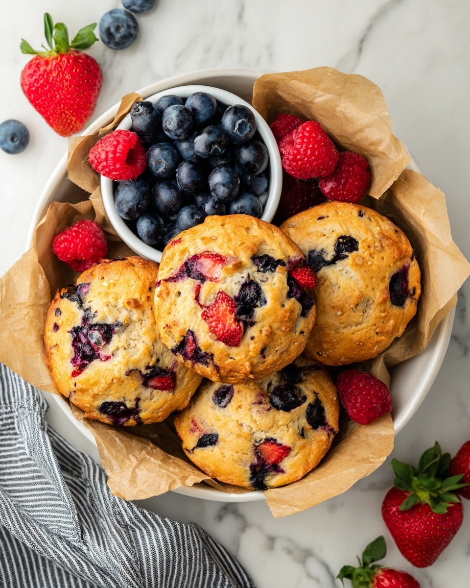 A white bowl lined with crumpled brown parchment paper holds five golden-brown muffins studded with dark blue blueberries and pieces of red strawberries, showing a moist and slightly crispy texture on top; nestled among the muffins are a small white bowl filled with fresh plump blueberries and scattered fresh red raspberries and strawberries with green leaves. The bowl sits on a white marbled texture with a gray and white striped cloth partially visible at the bottom edge. Photo taken with an iphone --ar 4:5 --v 7