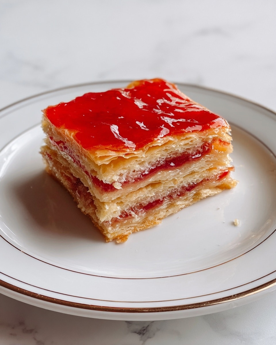 A square piece of layered pastry sits in the middle of a large white plate with a thin silver rim, placed on a white marbled surface. The pastry has three visible layers of flaky, golden brown crust, separated by thin layers of a reddish filling that resembles jam or jelly. The top layer is covered with a shiny red glaze that gives it a glossy, slightly sticky look. The edges of the pastry are neat but a bit crumbly. photo taken with an iphone --ar 4:5 --v 7