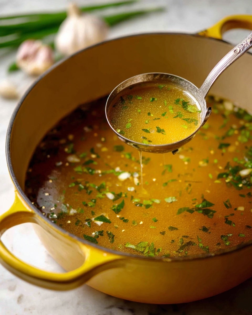 A large yellow pot filled with clear golden broth soup shows small green herb pieces and tiny white bits floating on the surface. A silver ladle inside the pot holds a scoop of the broth, with droplets falling back into the pot. The pot is placed on a white marbled surface with some garlic cloves and green onion leaves blurred in the background. photo taken with an iphone --ar 4:5 --v 7