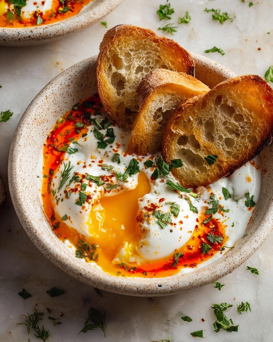In a speckled white bowl on a white marbled surface, there is a close-up of a dish with two poached eggs at the center, with one egg broken open showing bright yellow runny yolk spreading out. The eggs sit on a white creamy sauce that has a smooth texture. The dish is topped with red chili oil drizzled in thin lines and scattered green herbs, giving a fresh look. Two toasted slices of white bread are placed on the right edge of the bowl, showing a golden brown crisp texture. A silver spoon rests partially in the bowl near the broken yolk. Photo taken with an iphone --ar 4:5 --v 7