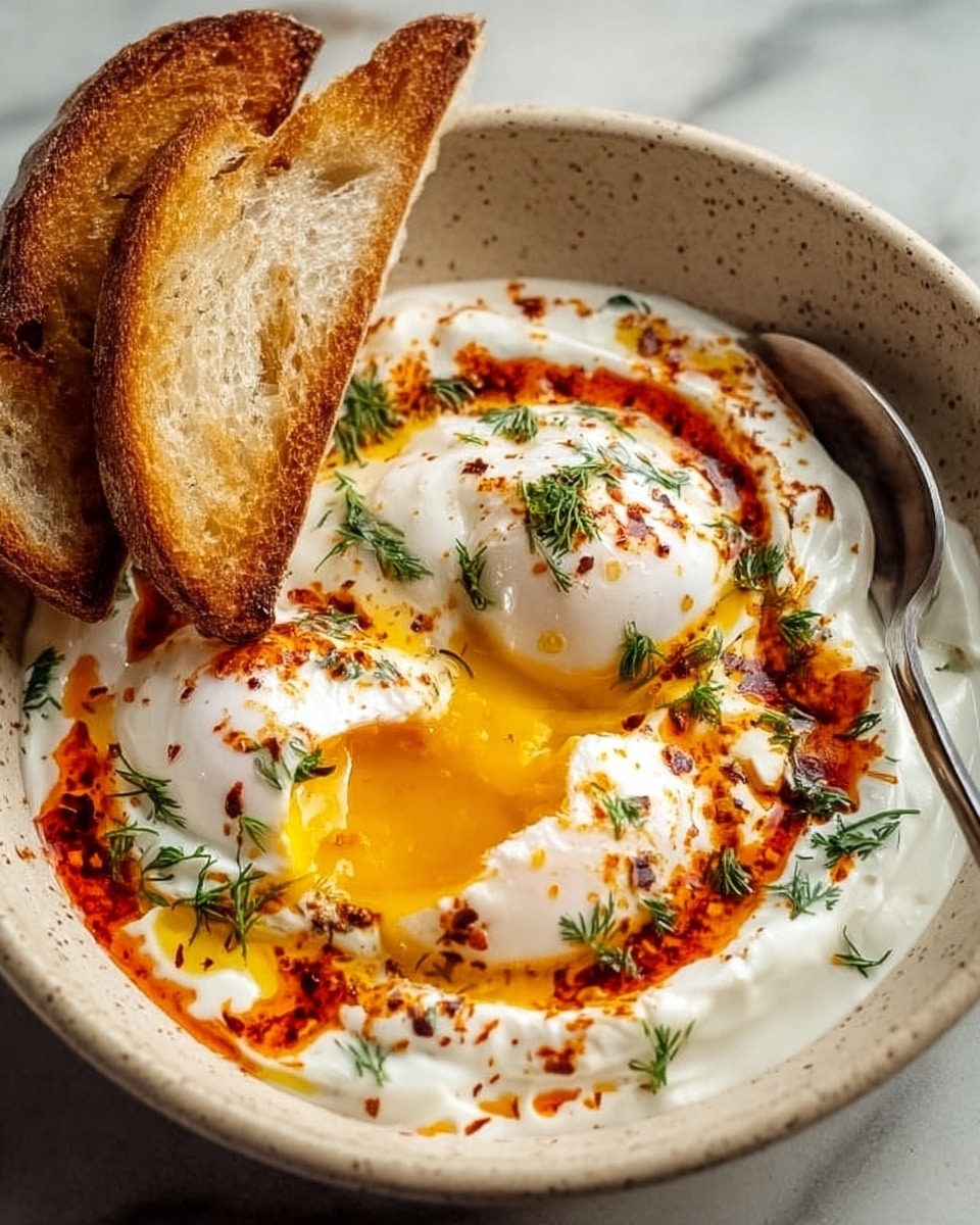A speckled white bowl holds a dish with two poached eggs sitting in a layer of creamy white yogurt sauce, drizzled with vibrant orange-red chili oil and sprinkled with finely chopped green herbs. One of the eggs is cut open, revealing its bright yellow, soft yolk flowing slightly into the sauce. On one side, three golden-brown toasted bread slices rest against the yogurt, showing a crispy texture with small air holes. The bowl is placed on a white marbled surface with scattered green herbs around, creating a fresh and warm display. photo taken with an iphone --ar 4:5 --v 7