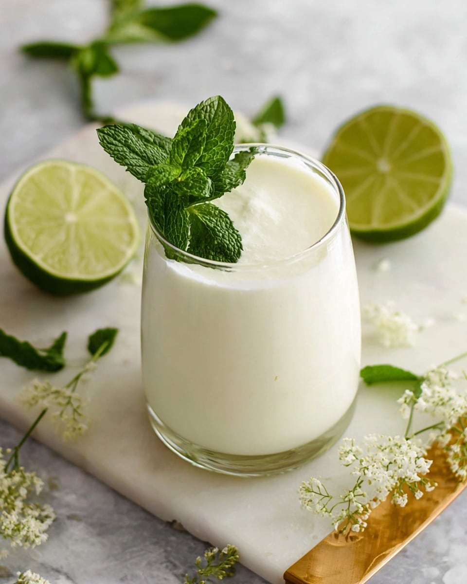 A tall clear glass filled nearly to the top with a smooth, creamy pale yellow drink is the center of the image. The drink has a frothy texture with tiny bubbles on the surface, and a pink stick with fresh green mint leaves rests on top as a garnish. Behind it to the left is a slightly taller clear glass with a light yellow liquid, and to the right a small clear bowl holds more of the same pale yellow drink with a green mint leaf on top. In front of the glass are three clear ice cubes, a cut lime wedge showing its light green inside, fresh mint leaves, and a single small purple flower. The setup is on a light colored stone surface with a white marbled texture, and the background is a soft beige wall. photo taken with an iphone --ar 4:5 --v 7
