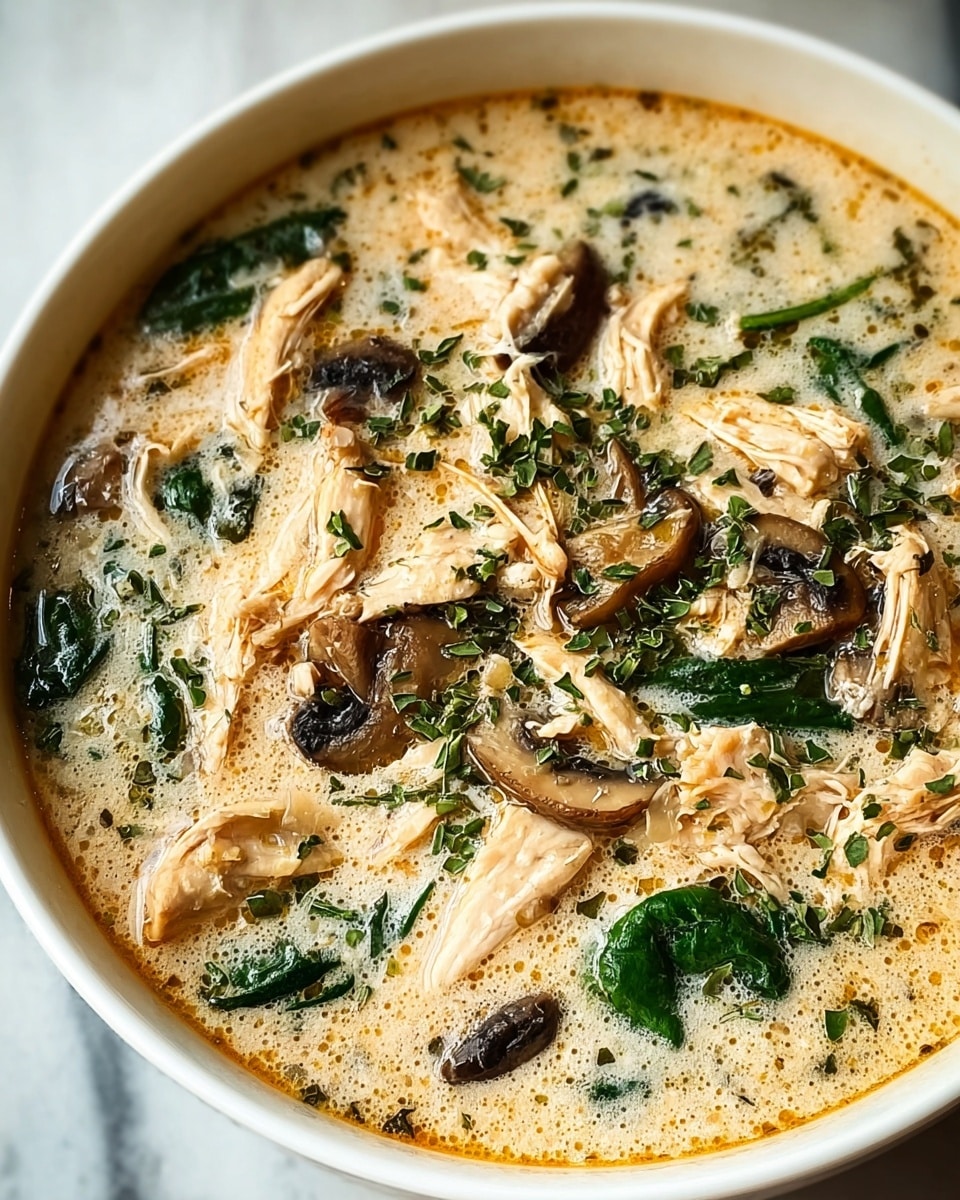 A close-up view of a creamy soup served in a white bowl filled almost to the top, showing three main layers: a light beige thick broth layer with a slightly frothy texture, a layer of shredded light brown chicken pieces scattered unevenly throughout, and a layer of dark brown mushroom slices and wilted dark green spinach leaves mixed in. Small green dried herb flakes are sprinkled over the entire soup, creating specks of contrast against the creamy background. The bowl sits on a white marbled surface. photo taken with an iphone --ar 4:5 --v 7