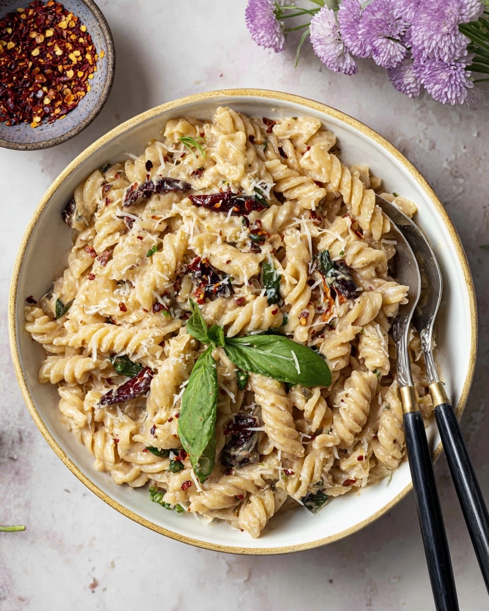 A bowl filled with creamy rotini pasta coated in a light beige sauce, mixed with dark purple olives and small pieces of red sun-dried tomatoes, topped with a few green fresh basil leaves and a sprinkle of shredded pale yellow cheese and red chili flakes. The pasta is textured with a rich and creamy look, showing the twists clearly. A fork and a spoon with black handles rest on the right side of the bowl, partially submerged in the pasta. The bowl is white, edged with a thin gold line, sitting on a white marbled surface with a small bowl of red chili flakes on the upper left and a light purple flower on the upper right. photo taken with an iphone --ar 4:5 --v 7