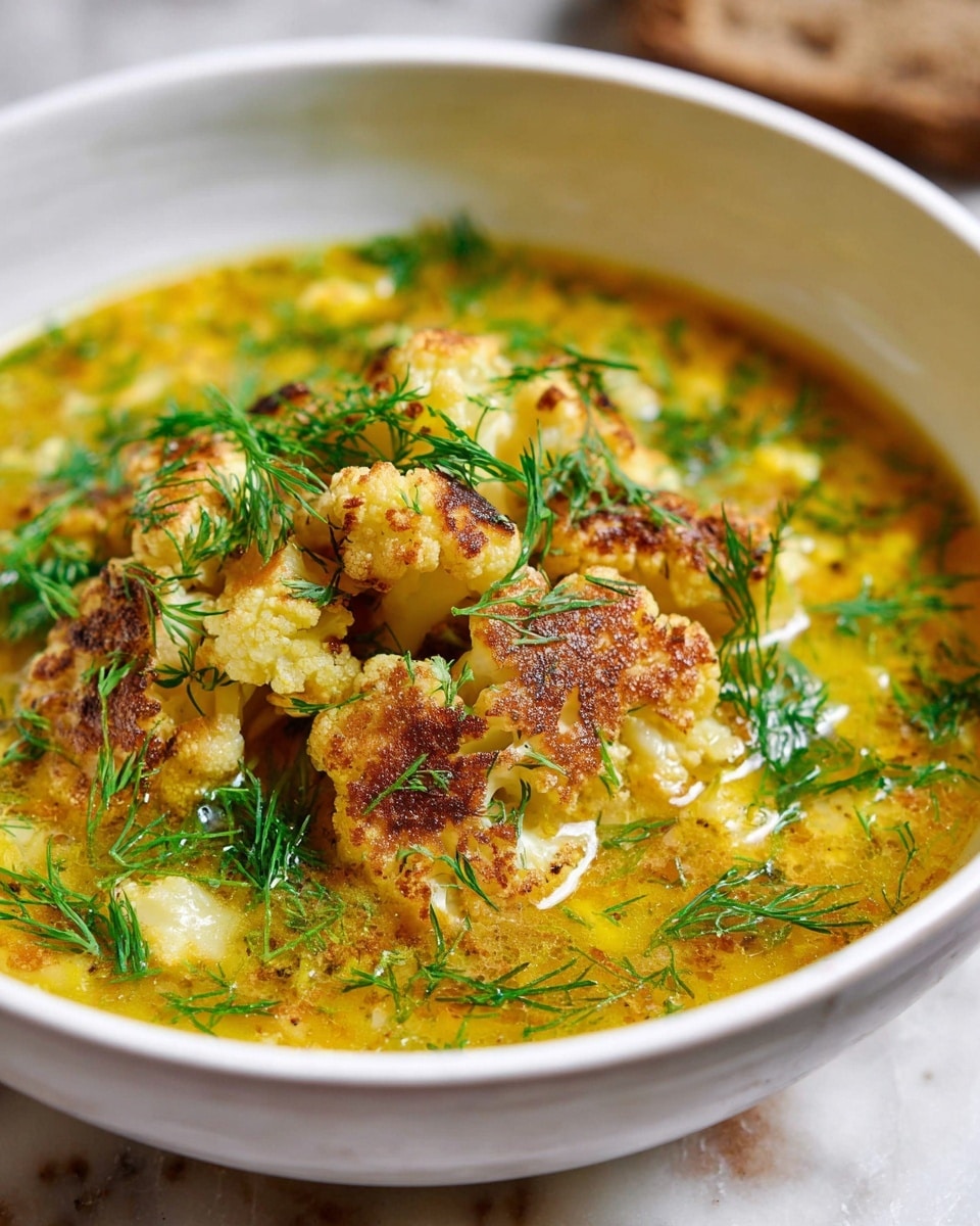 The image shows a white bowl filled with a soup that has a rich yellow broth with a slightly oily surface. In the middle, there are two pieces of fried cauliflower with a golden brown crust, partially submerged in the soup. Scattered finely chopped green herbs, likely dill, cover the soup and cauliflower, adding a fresh touch. A silver spoon with intricate patterns is resting inside the bowl on the right edge. The bowl is placed on a white marbled surface with some green dill blurred in the background. photo taken with an iphone --ar 4:5 --v 7