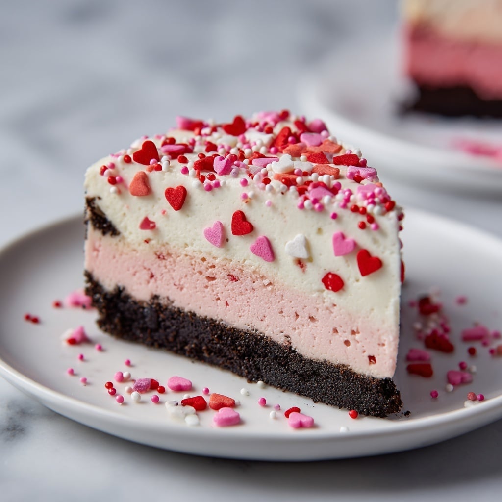 The image shows a three-layered slice of cake on a white plate set on a white marbled surface. The bottom layer is a dark crumbly texture, likely chocolate or cookie crust, very thin compared to the other layers. Above it is a thick light pink mousse layer, smooth with small air holes visible. The top layer is a thick white mousse, topped with various small heart-shaped and round colorful sprinkles in shades of pink, red, and purple scattered across the surface. A silver fork lies next to the plate, and part of the whole cake is blurred in the background showing the same layers and decoration. Photo taken with an iphone --ar 4:5 --v 7