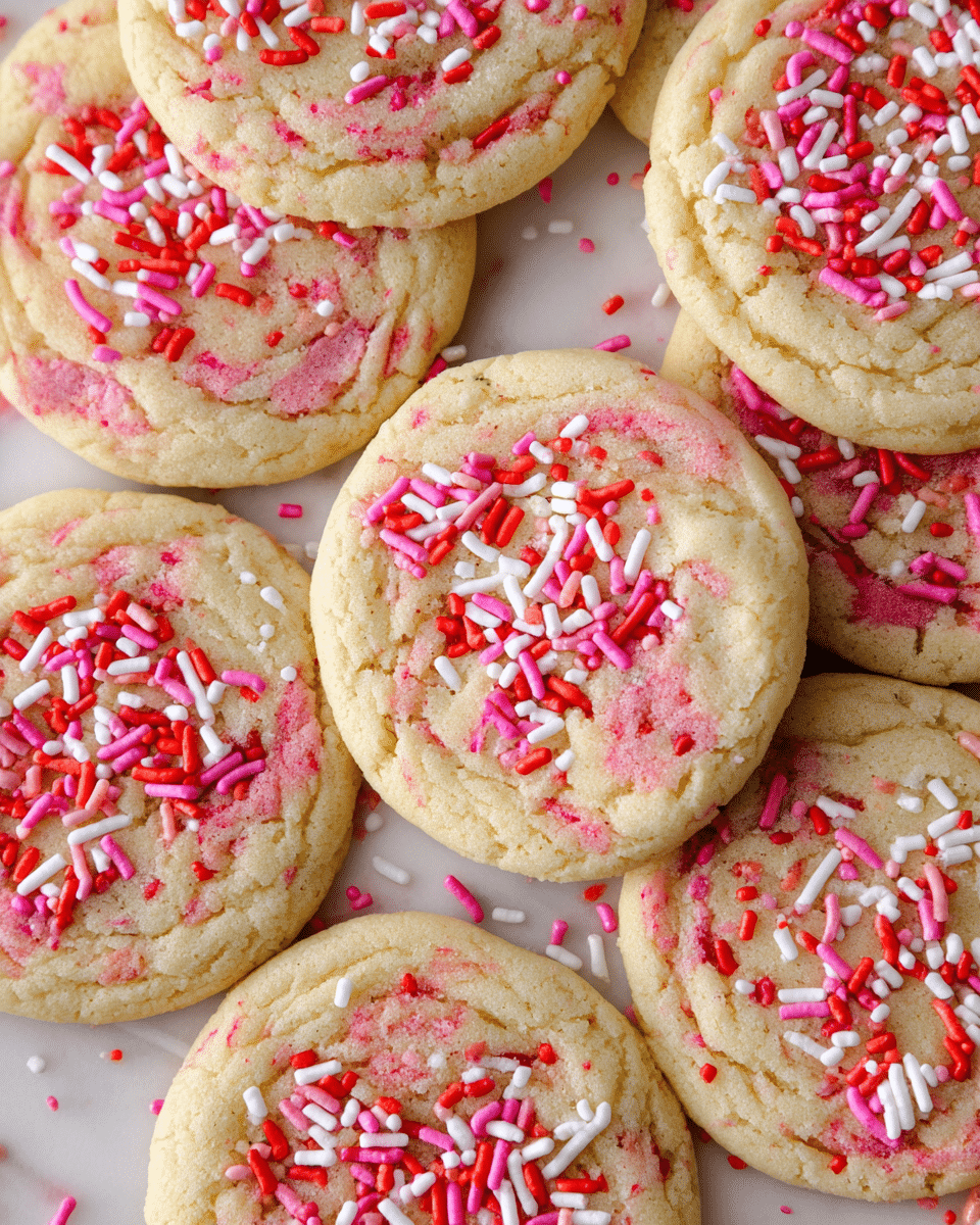 The image shows multiple soft sugar cookies arranged closely, each cookie round, flat, and about one layer thick with a slightly cracked surface. The cookie dough is pale yellow with faint pink swirls mixed in, creating a soft marbled effect inside each cookie. On top of the cookies, colorful sprinkles in red, white, and pink are scattered evenly, adding bright pops of color and texture. The sprinkles are small, cylindrical, and densely packed on the cookie surface. The cookies rest on a white marbled textured background that contrasts softly with the warm tones of the cookies. photo taken with an iphone --ar 4:5 --v 7