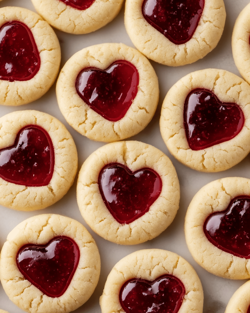A close-up view of many round cookies scattered over a white marbled surface. Each cookie is light golden in color with a slightly cracked texture on the surface and has a heart-shaped center filled with shiny red jam. The jam looks smooth and glossy, contrasting with the soft cookie dough around it. The cookies are overlapping slightly, showing their uniform size and shape, with the red hearts standing out vividly against the pale cookie base. photo taken with an iphone --ar 4:5 --v 7