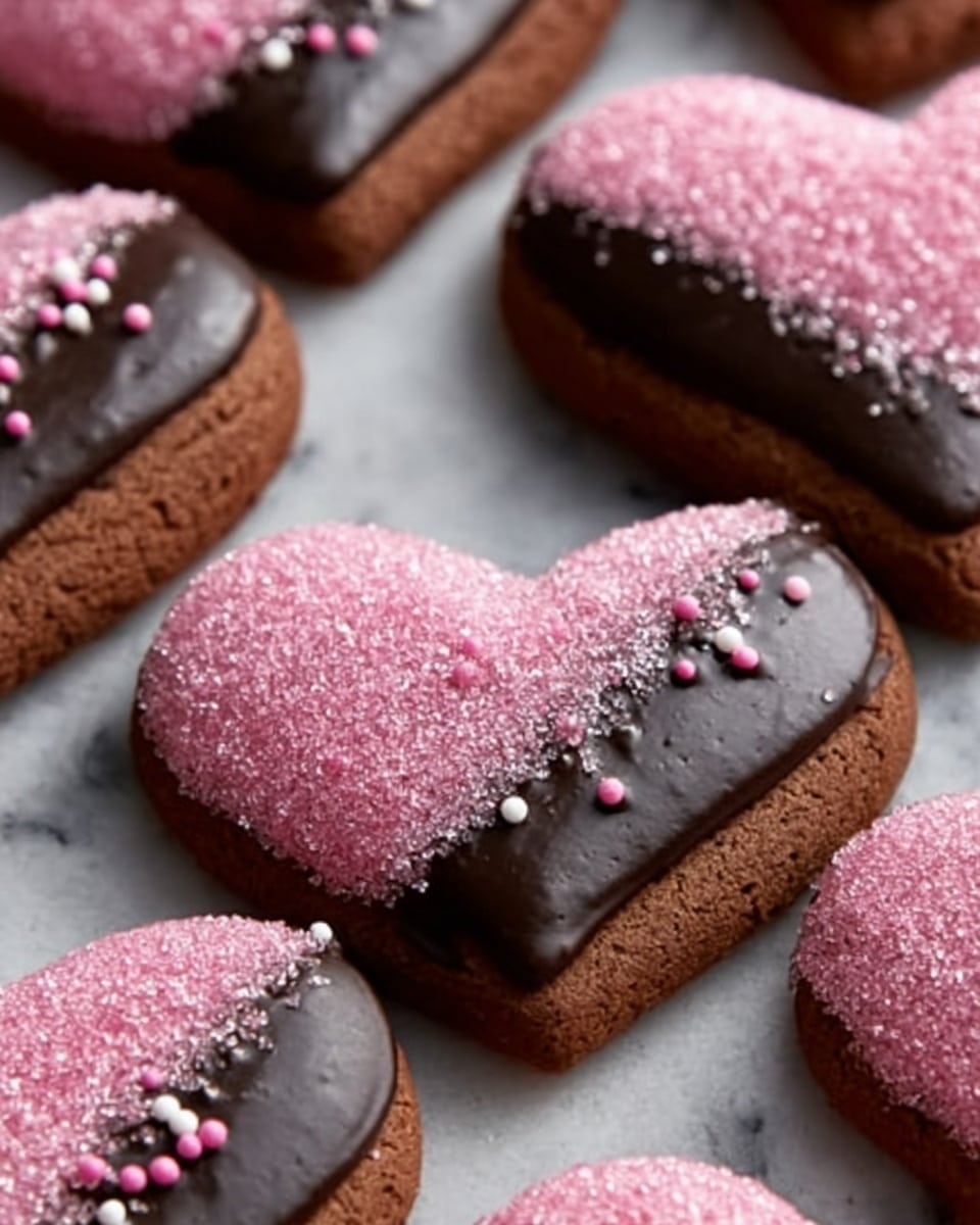 The image shows several heart-shaped cookies arranged closely together on a white marbled surface. Each cookie has two layers: the base is a rich brown baked cookie, and the top half is covered with smooth, dark chocolate. The chocolate side is dusted with pink sugar crystals that add texture and color contrast, sparkling gently. Small white and pink sprinkles are scattered over the chocolate and sugar parts, adding more detail. The overall look is a mix of dark brown, black, and bright pink, with soft lighting highlighting the sugar crystals' shine. photo taken with an iphone --ar 4:5 --v 7