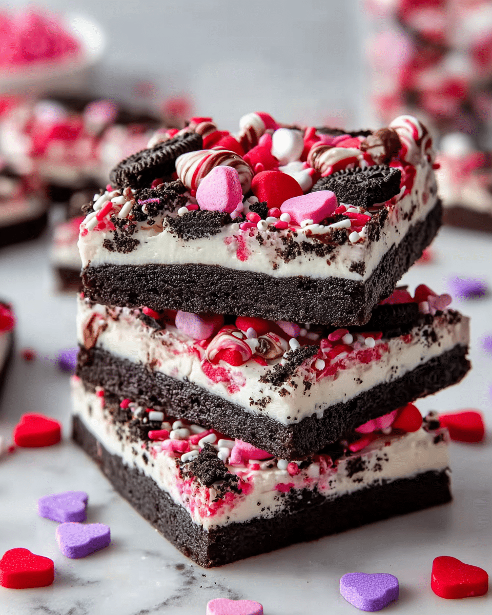 A stack of three layered dessert bars sits on a white plate against a white marbled background. Each bar has four visible layers: a dark chocolate crumb base, a bright red crumb layer, a smooth white cream layer, and a topping of chocolate drizzle. The top cream layer is decorated with whole and broken black sandwich cookie halves, pink heart-shaped sprinkles, and small round pink, white, and purple candy beads. The texture is soft and crumbly with glossy and smooth contrast from the cream and drizzle. Photo taken with an iphone --ar 4:5 --v 7