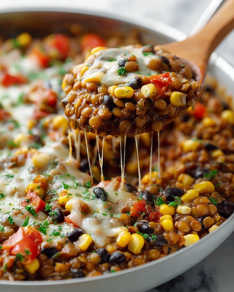 A close-up view of a white round shallow bowl filled with a mix of lentils, black beans, corn kernels, and small red tomato pieces, all cooked together. The top layer is sprinkled with melted white cheese and garnished with bright green chopped parsley. A wooden spoon is lifting a scoop from the bowl, showing the mixed ingredients and melted cheese in detail. The background is a white marbled texture with soft light highlighting the colors and textures of the dish. photo taken with an iphone --ar 4:5 --v 7