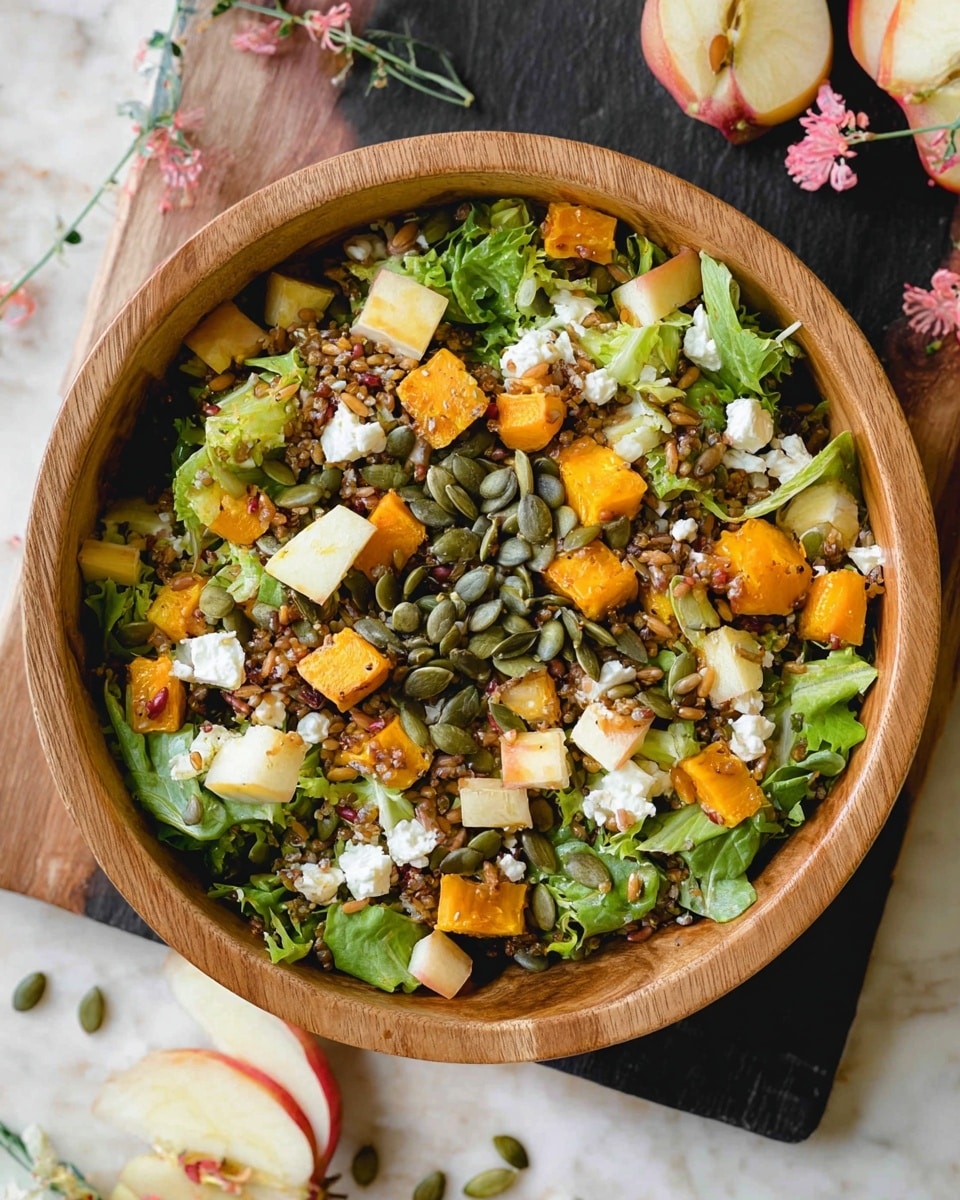 A wooden bowl filled with a colorful salad sits on a white marbled surface. The bottom layer is green leafy lettuce with ruffled edges, topped with a mix of small orange cubed roasted butternut squash and small pale yellow diced apples. Scattered lightly throughout are pieces of cooked grains, dark raisins, and small clumps of soft white cheese. A pile of green pumpkin seeds rests in the center of the bowl. The salad shows a mix of soft, crunchy, and smooth textures with bright and natural colors giving it a fresh and healthy look. Photo taken with an iphone --ar 4:5 --v 7