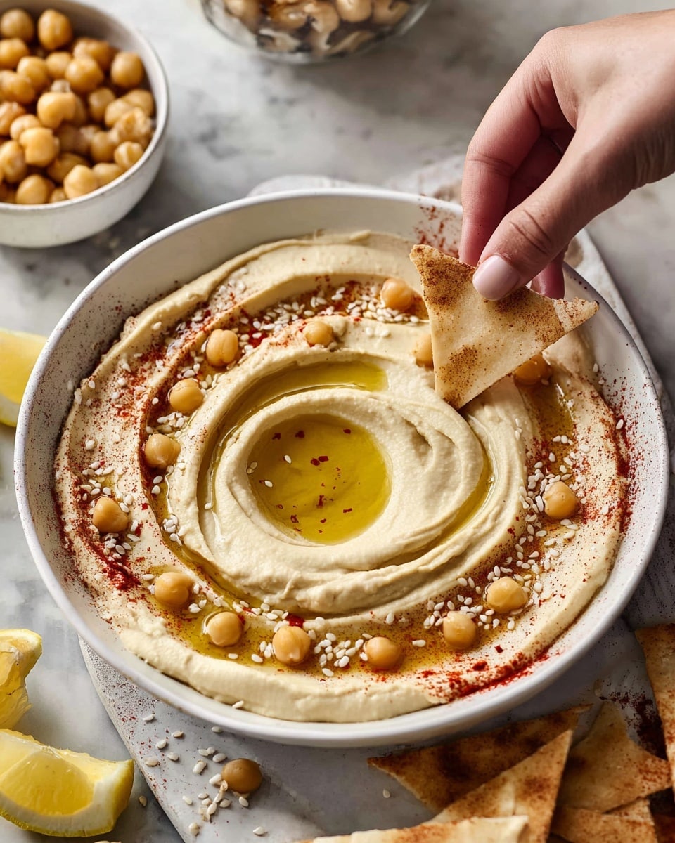 A white bowl filled with creamy beige hummus spread in a thick, swirled layer with a shallow well in the center holding golden olive oil. The hummus is topped with scattered whole chickpeas, a light dusting of red paprika, and white sesame seeds arranged around the edges. A woman's hand is dipping a toasted pita triangle into the hummus near the bowl’s edge. Surrounding the bowl on a white marbled surface are more pita triangles, a lemon wedge, and a small white bowl filled with whole chickpeas. Photo taken with an iphone --ar 4:5 --v 7