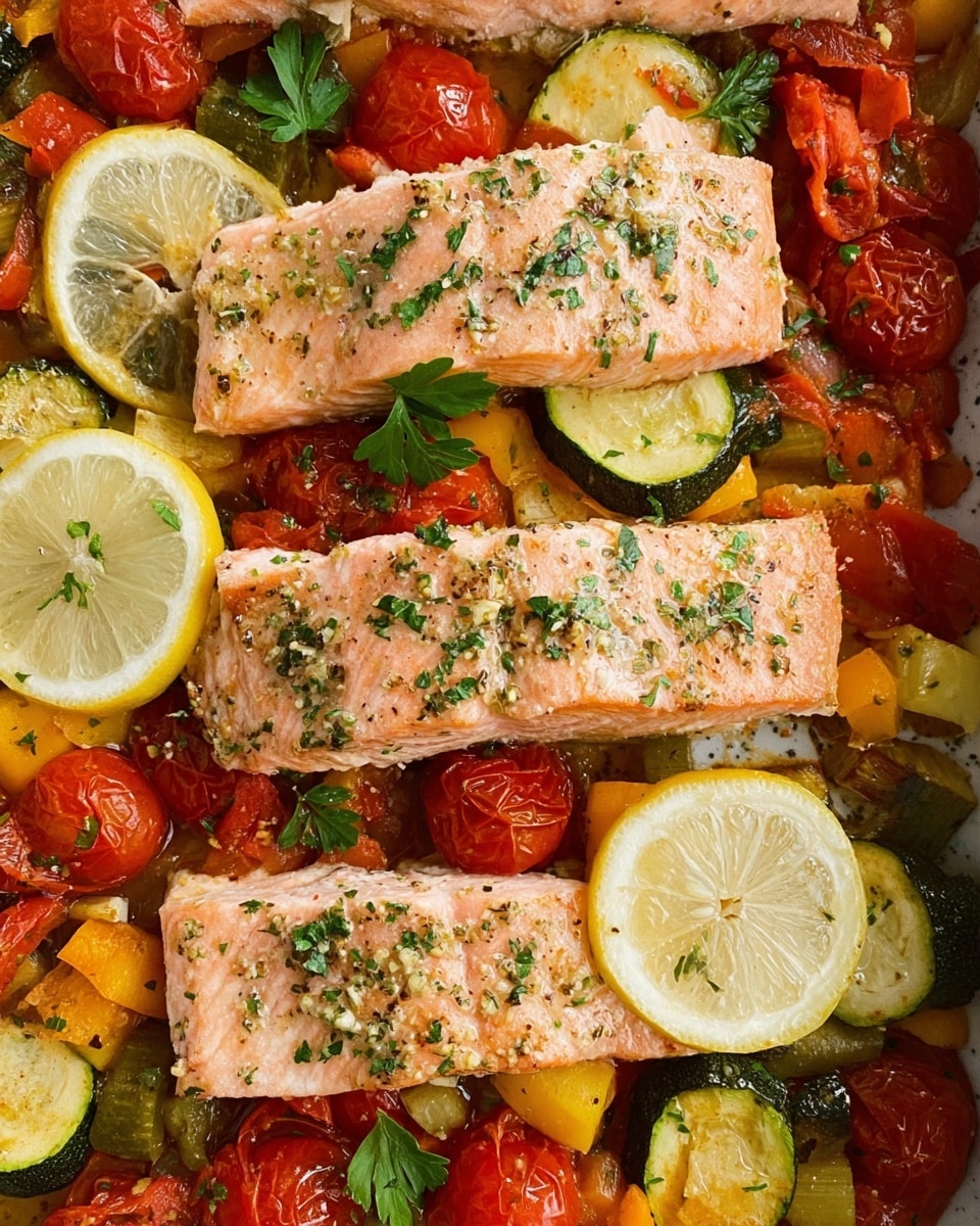 The image shows a white baking dish filled with four pieces of cooked salmon in the center and foreground, each piece light pink with a slightly flaky texture and small green herb bits sprinkled on top. Surrounding the salmon are roasted small red cherry tomatoes, diced green zucchini, and red bell peppers, creating a colorful bed beneath the fish. Two lemon wedges sit on top of the vegetables, bright yellow with a juicy texture. There are small green parsley leaves scattered over the salmon and vegetables, adding a fresh touch. The background is a white marbled surface with a beige cloth near the dish, and a white bowl with green lettuce and lemon wedges blurred in the background. photo taken with an iphone --ar 4:5 --v 7