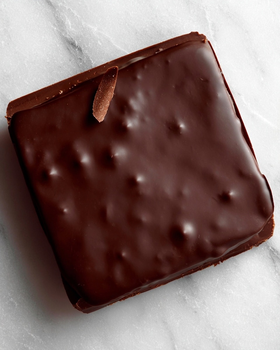 A square dessert covered in a smooth, shiny dark chocolate layer with small bumps and subtle texture variations on the surface, resting on a white marbled texture. The top layer is thick and glossy, with a few faint marks and one thin chocolate curl near the edge. The edges are slightly rounded, showing a firm chocolate coating that encloses the dessert inside. photo taken with an iphone --ar 4:5 --v 7