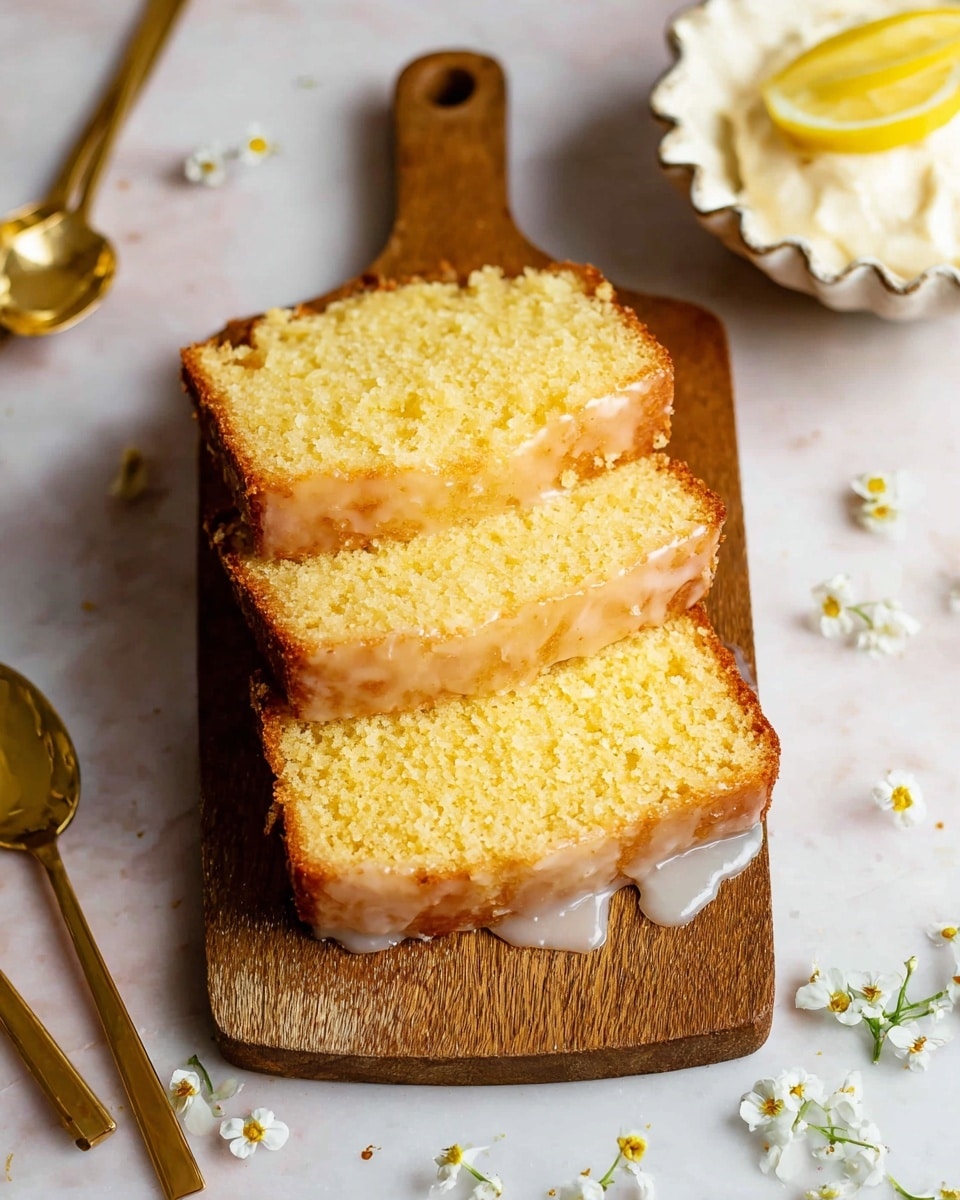 Two thick slices of yellow cake with a golden-brown crust are stacked slightly overlapping on a dark wooden board. Between the layers is a shiny, light pink glaze that drips softly down the sides, adding a moist texture. The crumb of the cake looks soft and fluffy with some crumbs scattered around the board. The background features a smooth white marbled texture with a white bowl and small white flower petals scattered around, creating a clean and fresh look. photo taken with an iphone --ar 4:5 --v 7