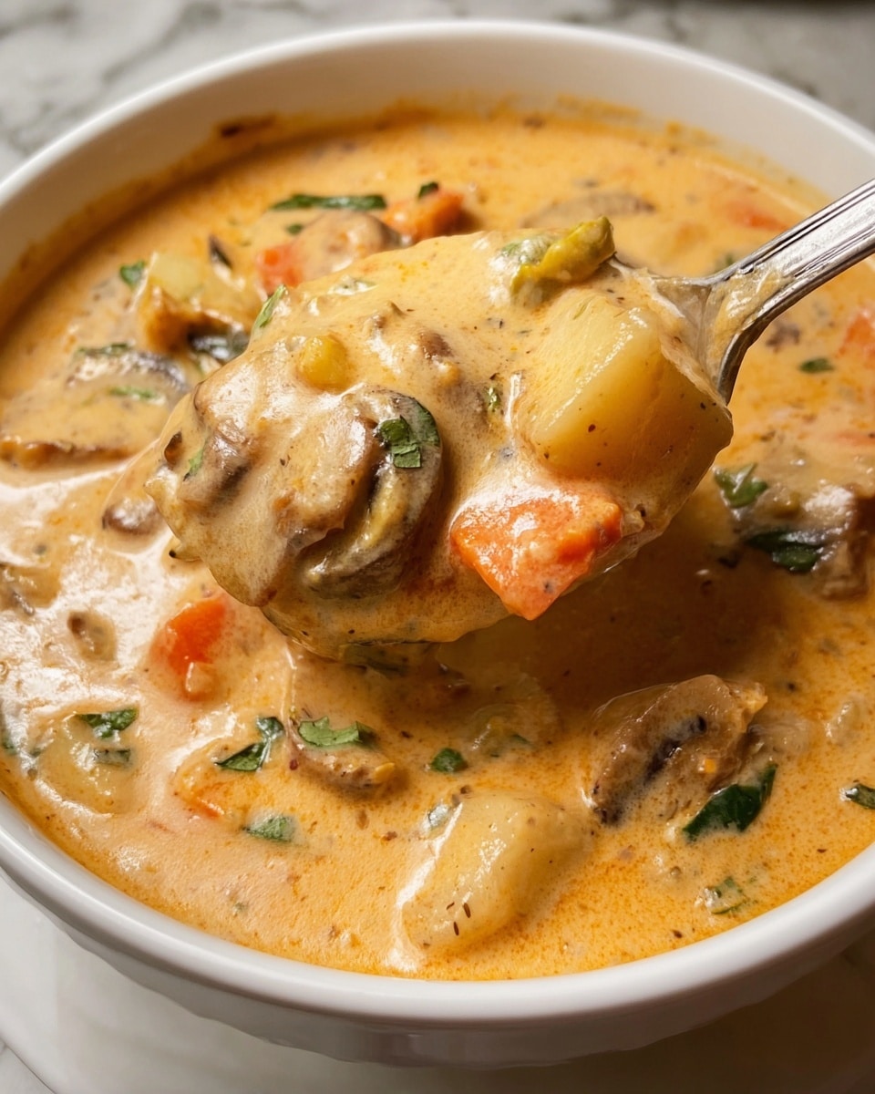A white bowl filled with creamy orange soup containing small round pasta pieces and shredded chicken, topped with green sliced basil leaves, white grated cheese, and red chili flakes, with a gold spoon placed inside. Next to the bowl, there is a white plate holding several toasted golden brown baguette slices. In the background, there are basil leaves, a large block of hard cheese, and garlic bulbs all set against a white marbled texture. photo taken with an iphone --ar 4:5 --v 7