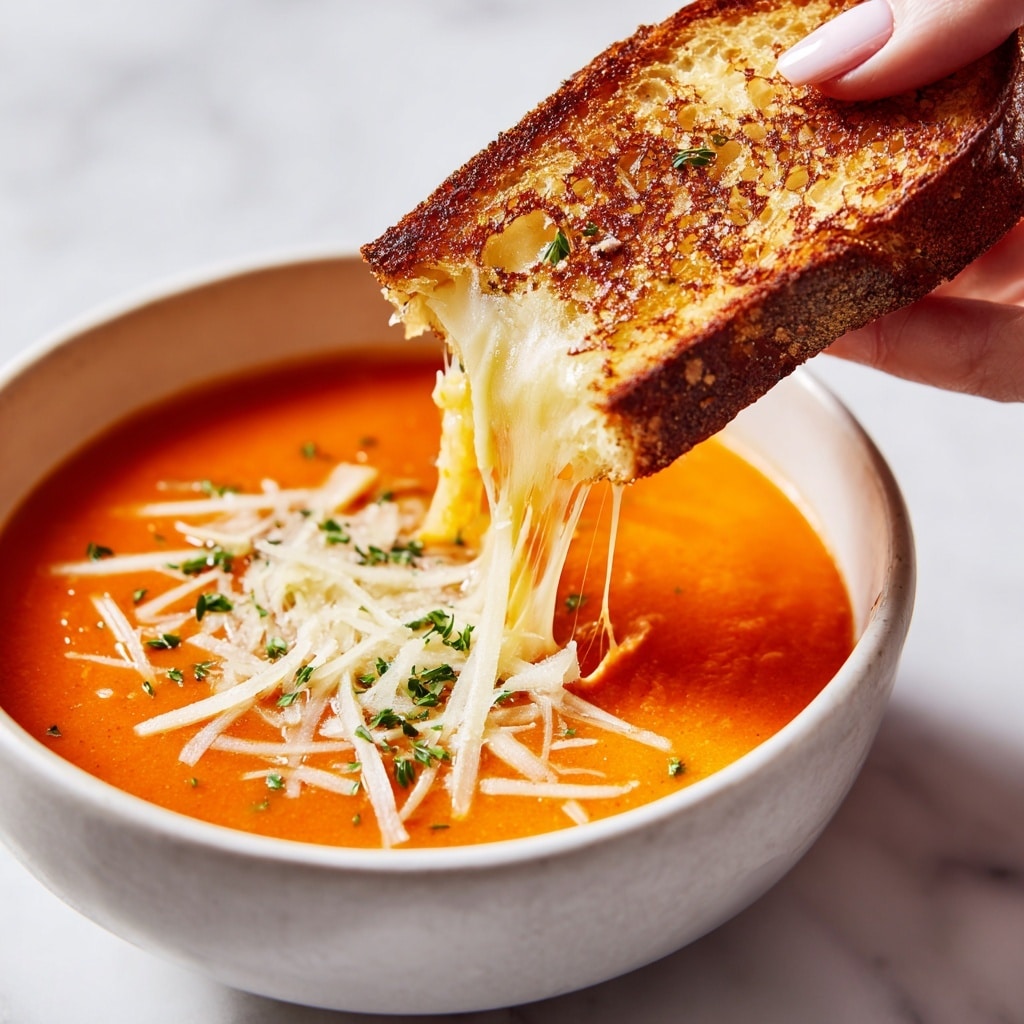 A white bowl filled with smooth, bright orange tomato soup, topped with a small mound of thin, pale shredded cheese in the center. Thin green basil strips are scattered evenly on top of the cheese, adding a fresh contrast. The soup surface is shiny and creamy, with some cheese strands melting slightly into the hot soup. The bowl sits on a white marbled surface. Photo taken with an iphone --ar 4:5 --v 7
