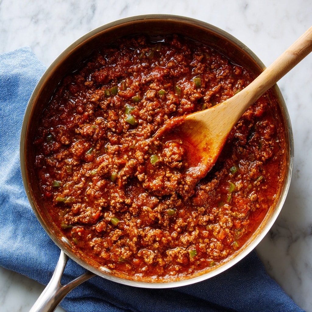 A sloppy joe sandwich is shown on crinkled brown parchment paper over a light wooden surface. The sandwich has two soft, shiny light golden brown buns as the top and bottom layers. Between the buns is a thick, chunky layer of rich reddish-brown cooked ground meat mixed with finely chopped onions in a tomato-based sauce that looks moist and saucy, a bit spilling out the side. In the background, a second sloppy joe is partially visible on the same wooden surface with blurry potato chips and a pickle slice nearby. The overall look is homey and appetizing. Photo taken with an iphone --ar 4:5 --v 7