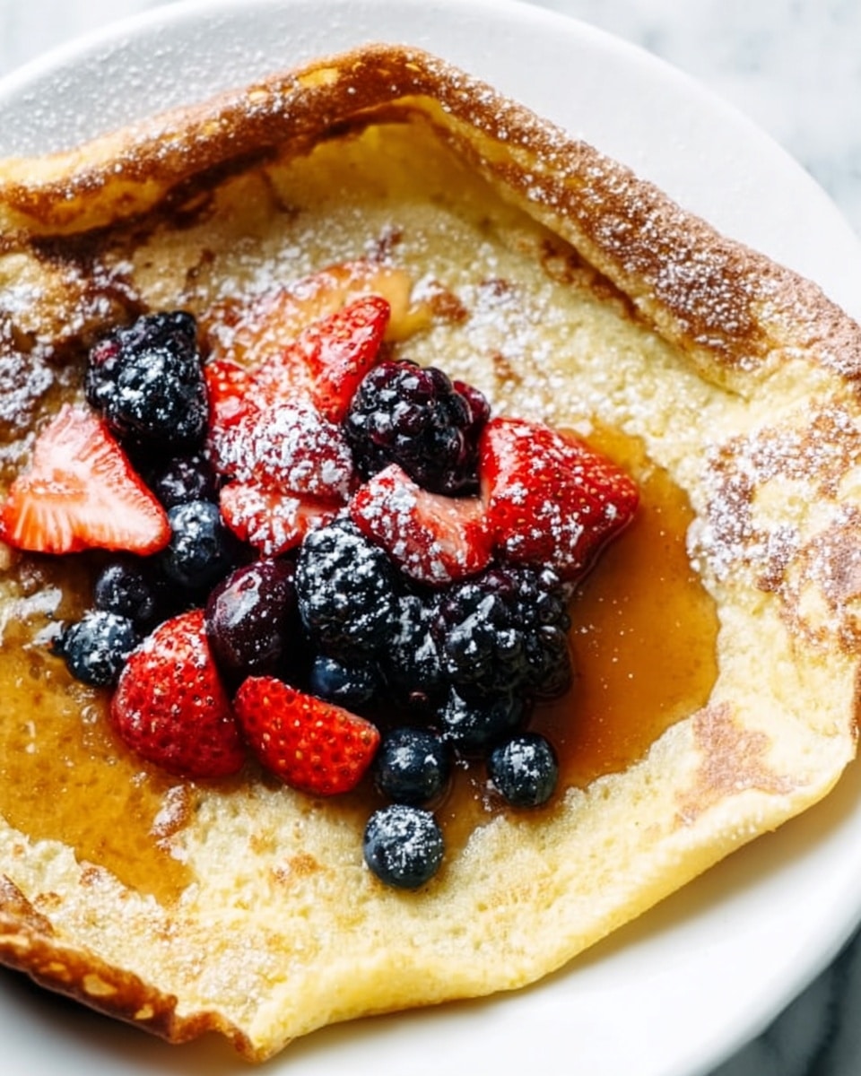 A white plate holds a single large pancake with a golden-brown edge folded slightly over the side, creating a shallow cup shape. The pancake's surface is light yellow with a soft texture, topped with a mix of fresh berries including halved red strawberries, whole dark blackberries, and small blue blueberries, all sprinkled with white powdered sugar. A golden brown syrup pools in the center under the berries, glistening and dripping lightly over the edge of the pancake. The plate sits on a white marbled textured surface. photo taken with an iphone --ar 4:5 --v 7