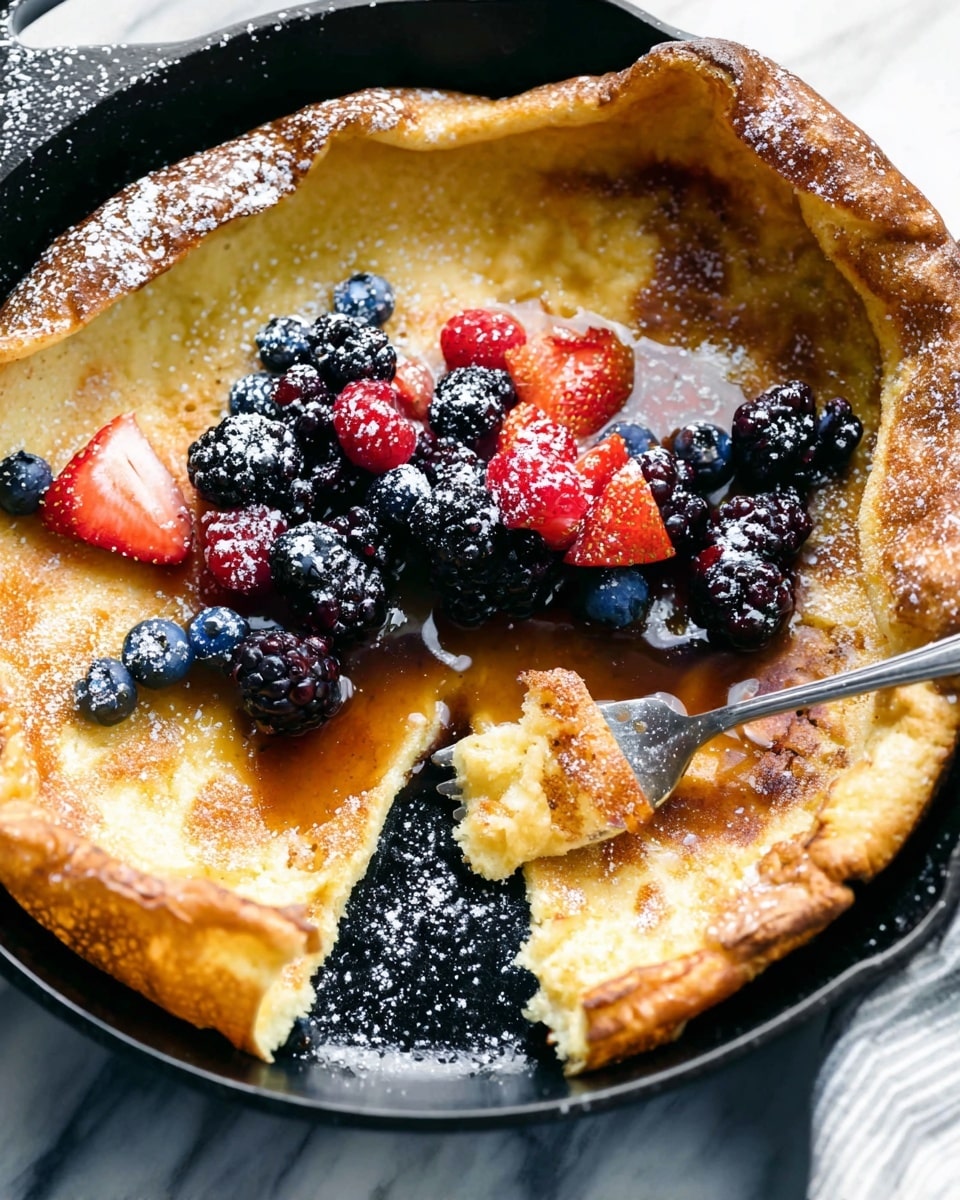 A golden-brown Dutch baby pancake with curled and slightly crispy edges in a black skillet. One section of the pancake is cut out with a fork, showing a soft, fluffy, and slightly wet inside. On top, there is a glossy syrup pooling in the center, partially covering fresh, vibrant berries including dark blackberries, bright blueberries, and sliced red strawberries. The berries are dusted lightly with white powdered sugar. The skillet sits on a white marbled surface. photo taken with an iphone --ar 4:5 --v 7