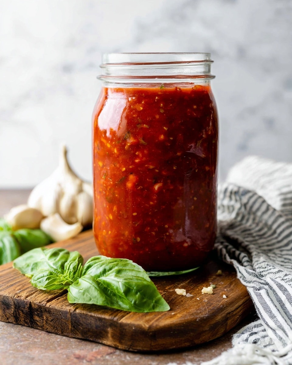 A close-up of a white pan filled with a thick, smooth, deep red tomato sauce that has a slightly chunky texture. The sauce covers the pan evenly with some sauce splatters along the edge. A wooden spoon with dark wood tones rests inside the pan, partly stirring the sauce, and a few fresh green basil leaves are placed on a white marbled surface next to the pan. In the top left corner, some white garlic cloves sit inside a small white bowl. A black and white striped cloth is seen at the bottom of the image. Photo taken with an iphone --ar 4:5 --v 7