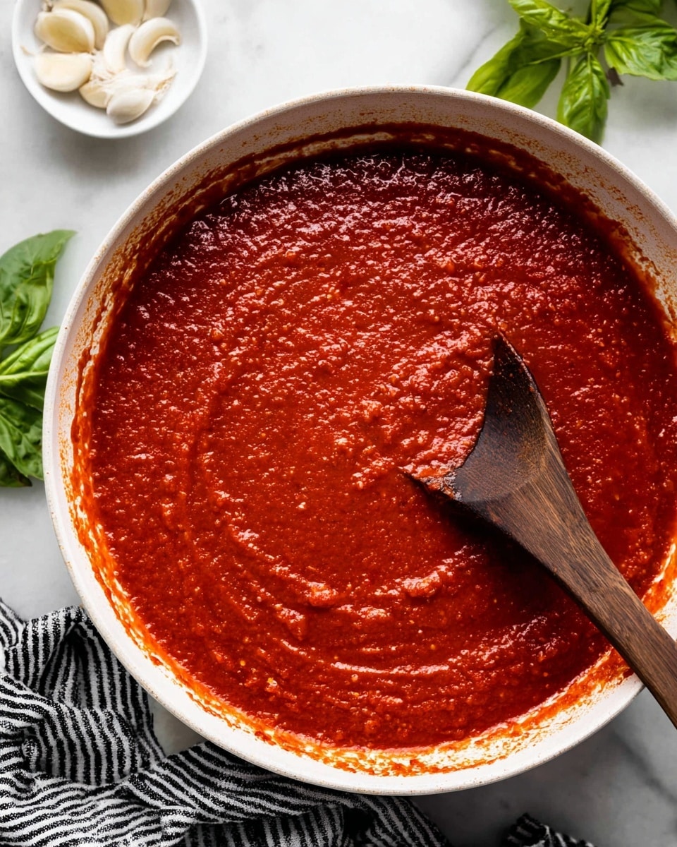 A clear glass jar filled with thick, rich red tomato sauce with visible small herb and spice bits throughout, placed on a rustic wooden board. In front of the jar is a large fresh green basil leaf with prominent veins and a slightly wrinkled texture. To the left, there are garlic cloves partially peeled, sitting on the wooden surface. On the right side of the board, a white and black striped cloth is casually folded, adding a soft texture contrast. The background has a soft, white marbled texture that enhances the colors of the sauce and fresh ingredients. Photo taken with an iphone --ar 4:5 --v 7