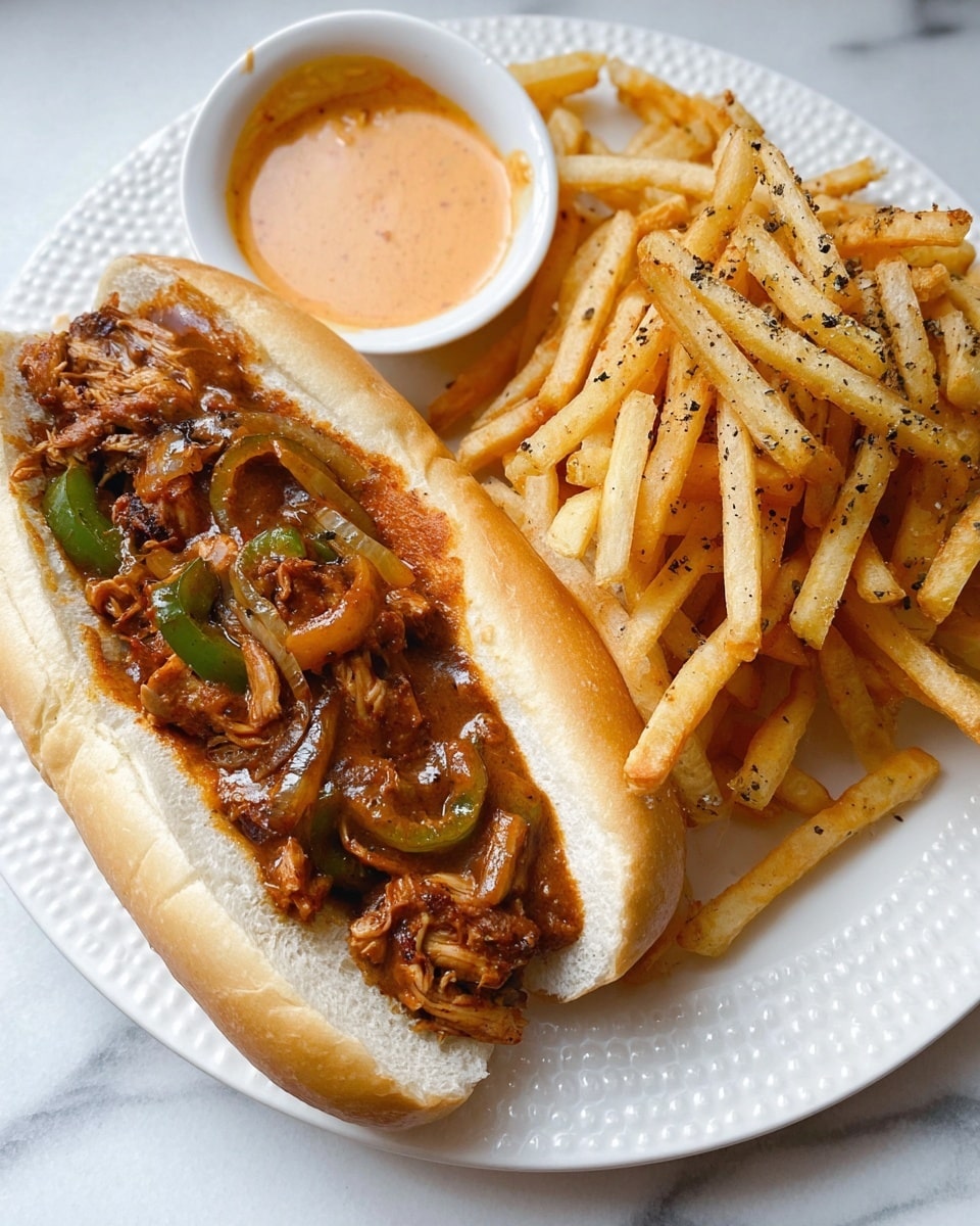 A white plate holds a sandwich and a side of golden French fries. The sandwich has a soft white hoagie roll filled with several pieces of grilled chicken mixed with cooked green bell peppers and onions, all coated in a shiny, rich brown sauce. The chicken pieces appear tender with some grilled char marks. The fries lie to the side, looking crispy and slightly seasoned. The plate sits on a white marbled surface with a wooden board and a pepper shaker partially visible in the background. photo taken with an iphone --ar 4:5 --v 7