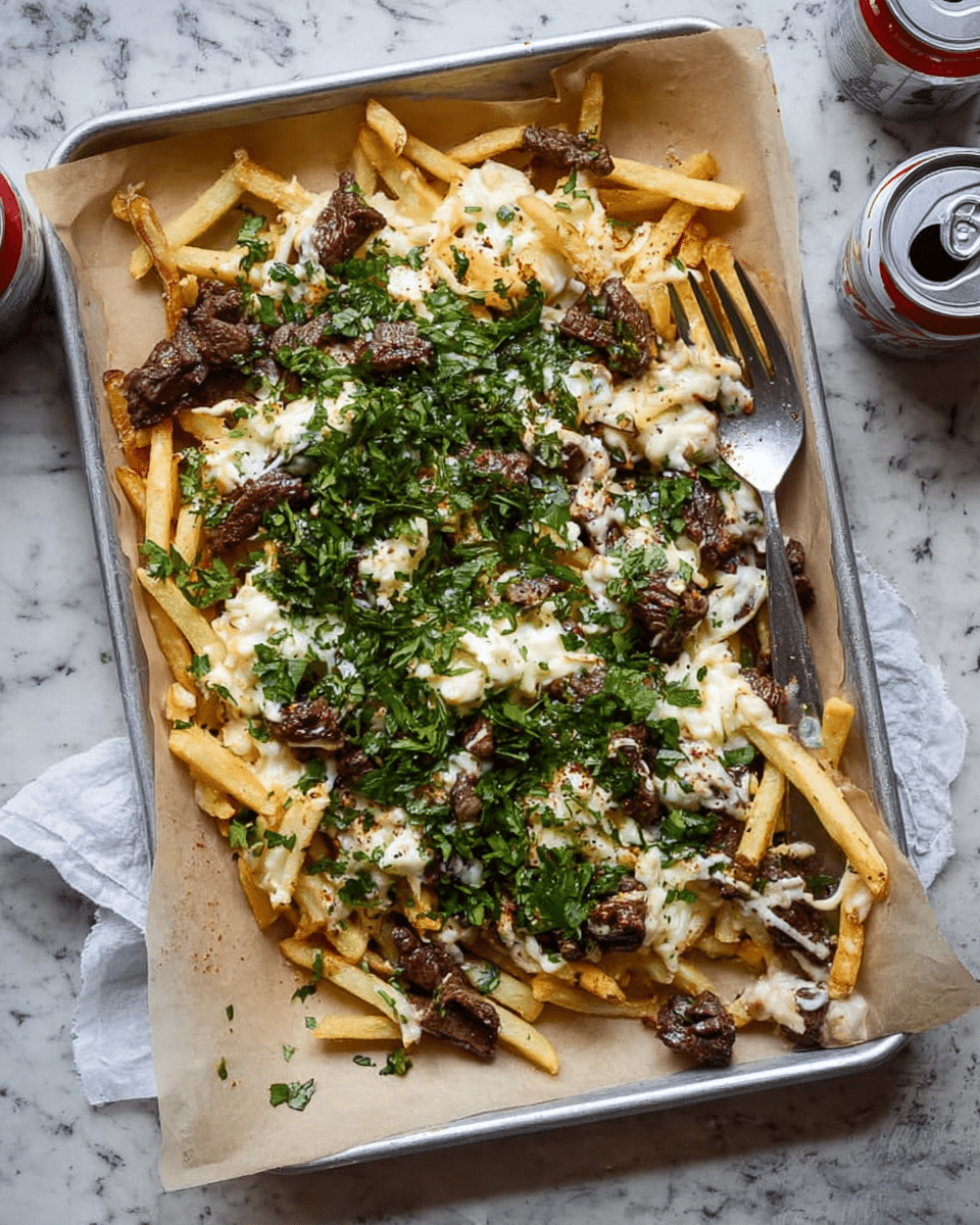 A white tray lined with parchment paper holds a dish of loaded fries. The bottom layer is thin, golden-yellow French fries spread evenly. On top, there are chunks of dark brown grilled meat scattered all over. Shredded white melted cheese is drizzled generously over the meat and fries, partially covering them. Bright green chopped herbs, likely parsley, are sprinkled across the entire dish, adding a fresh look. The tray is placed on a white marbled surface, with a small white bowl containing extra green herbs and spices visible in the bottom left corner. photo taken with an iphone --ar 4:5 --v 7