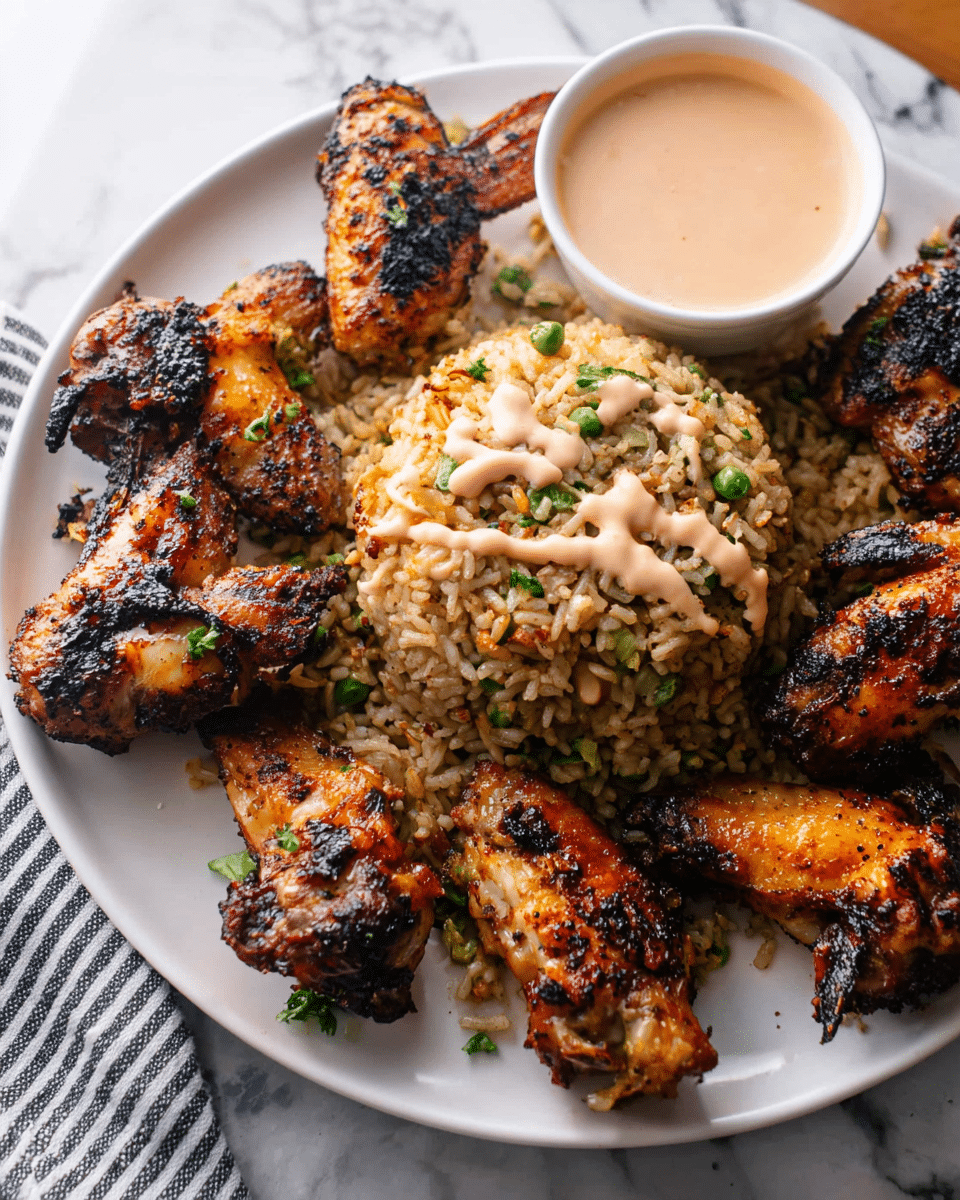 The image shows a white plate with seven grilled chicken wings arranged around a mound of fried rice in the center. The chicken wings have a charred, golden-brown color with blackened grill marks, giving a crispy texture. The fried rice is light brown with small green peas and bits of vegetables mixed in, topped with a drizzle of creamy pale pink sauce. To the side, there is a white cup filled with a light brown dipping sauce. The plate lies on a surface with a white marbled texture, and a striped cloth is partially visible in the background. Photo taken with an iphone --ar 4:5 --v 7