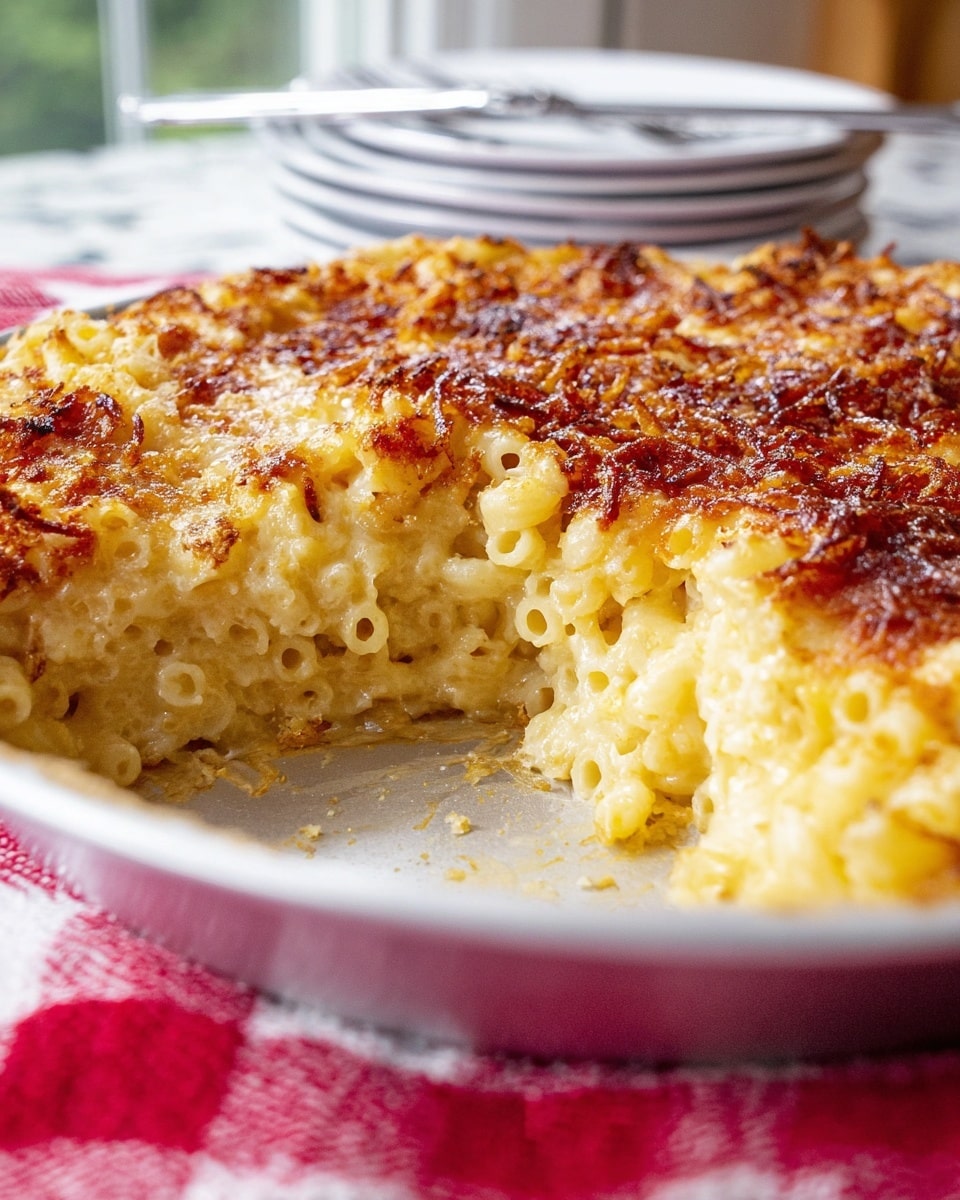 A close-up side view of a baked pasta dish with two clear layers: the bottom layer is a dense, pale yellow pasta shaped like small tubes packed tightly together, while the top layer is a browned, crispy golden cheese crust with small bits of slightly caramelized onions or similar toppings. The dish is served in a white pie dish placed on a red and white checkered cloth, with a blurred white marbled surface in the background and plates with cutlery slightly visible behind. Photo taken with an iphone --ar 4:5 --v 7