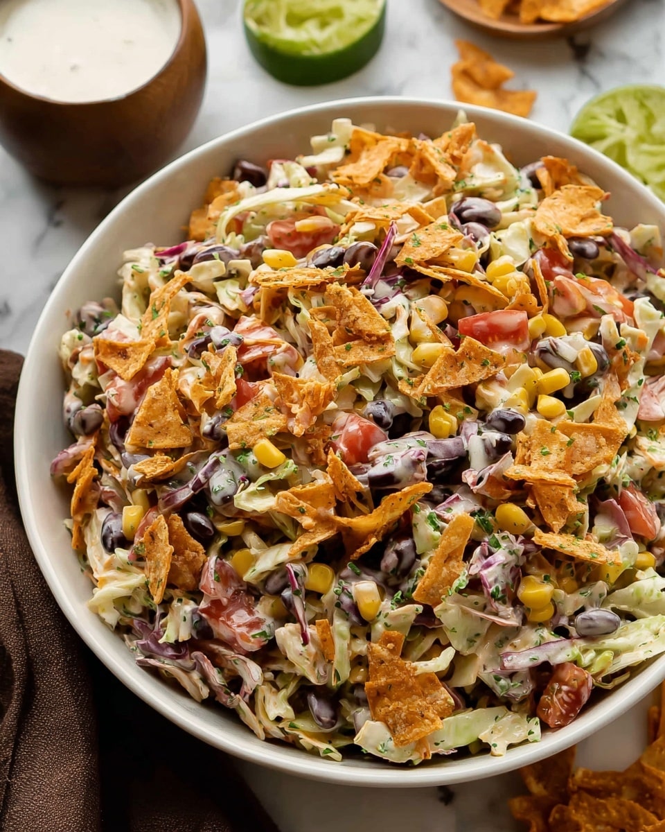 A large white bowl filled with a colorful layered salad that includes orange crispy chip pieces on top and throughout, black beans, yellow corn kernels, shredded white cabbage with some purple cabbage mixed in, small diced red tomatoes, and finely chopped green herbs. The salad has a creamy, light dressing that coats the ingredients, giving a slightly shiny texture. The bowl is placed on a white marbled surface with a lime cut in half and a small wooden container of white sauce nearby, along with a dark brown cloth partly visible. photo taken with an iphone --ar 4:5 --v 7