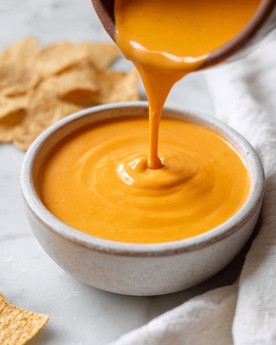 The image shows a close-up of creamy, bright orange cheese sauce being poured into a small round white bowl. The sauce has a smooth, glossy texture with a slight swirl pattern on the surface as it fills the bowl. Around the bowl, there are a few light brown tortilla chips scattered on a white marbled surface, and a soft white cloth is placed to the right side, adding a cozy feel to the scene. photo taken with an iphone --ar 4:5 --v 7
