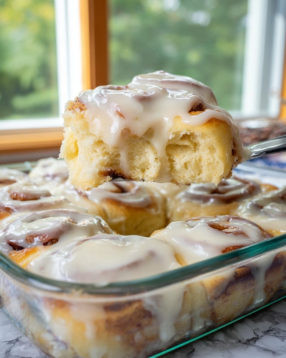 A close-up image shows a fresh piece of cinnamon roll being lifted from a clear glass baking dish. The cinnamon roll has three main layers: the bottom golden-brown dough with a soft texture, the middle spiral of cinnamon with a darker brown color, and a thick top layer covered in creamy white icing that glistens under the light, slightly dripping down the sides. The cinnamon rolls are tightly packed in the dish, all coated with a smooth, glossy white frosting. The background shows a blurred green outdoors scene behind a window, and the dish rests on a white marbled surface. photo taken with an iphone --ar 4:5 --v 7