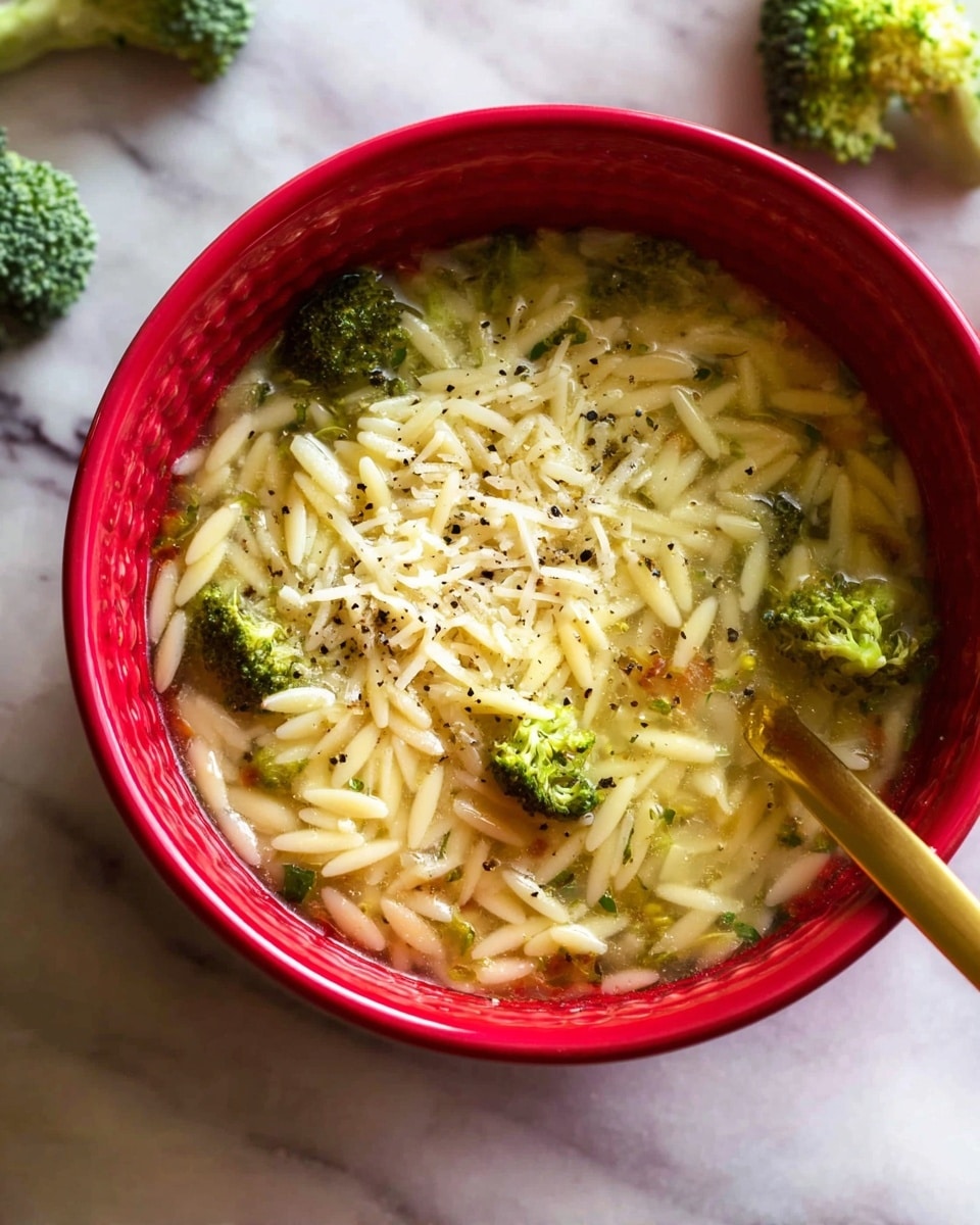 A close-up view of a bowl filled with soup consisting of small orzo pasta, green broccoli pieces, and clear broth, topped with finely grated light yellow cheese and sprinkled with ground black pepper. The soup shows a mix of soft textures from the cooked pasta and broccoli, with the cheese slightly melting on top. The bowl is bright red and round, standing on a white marbled surface with a few broccoli florets scattered aside. A golden spoon is partially submerged on the right side inside the soup, pointing towards the center. Photo taken with an iphone --ar 4:5 --v 7