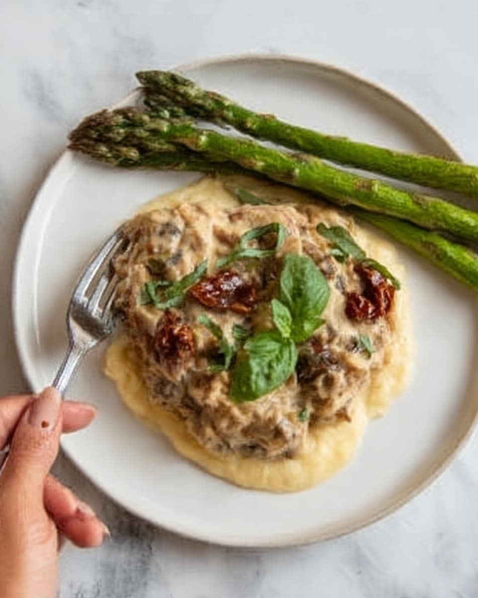 A white plate on a white marbled surface holds a dish with three layers. The bottom layer is a smooth, light yellow sauce spread evenly. Above it is a creamy, chunky mixture of beige and brown, with pieces of sun-dried tomatoes adding dark red spots. The top layer is fresh green basil leaves placed over the creamy mixture. In the upper left corner, a woman's hand holds a fork with green grilled asparagus spears resting on the plate. Photo taken with an iphone --ar 4:5 --v 7
